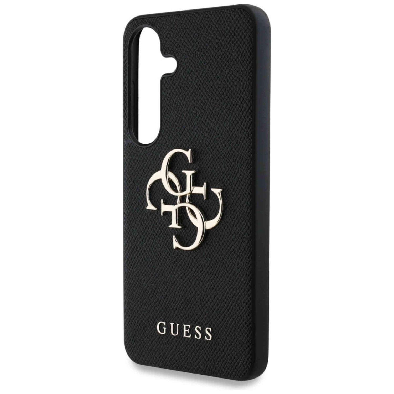 Custodia per telefono nera con logo Guess dorato.
