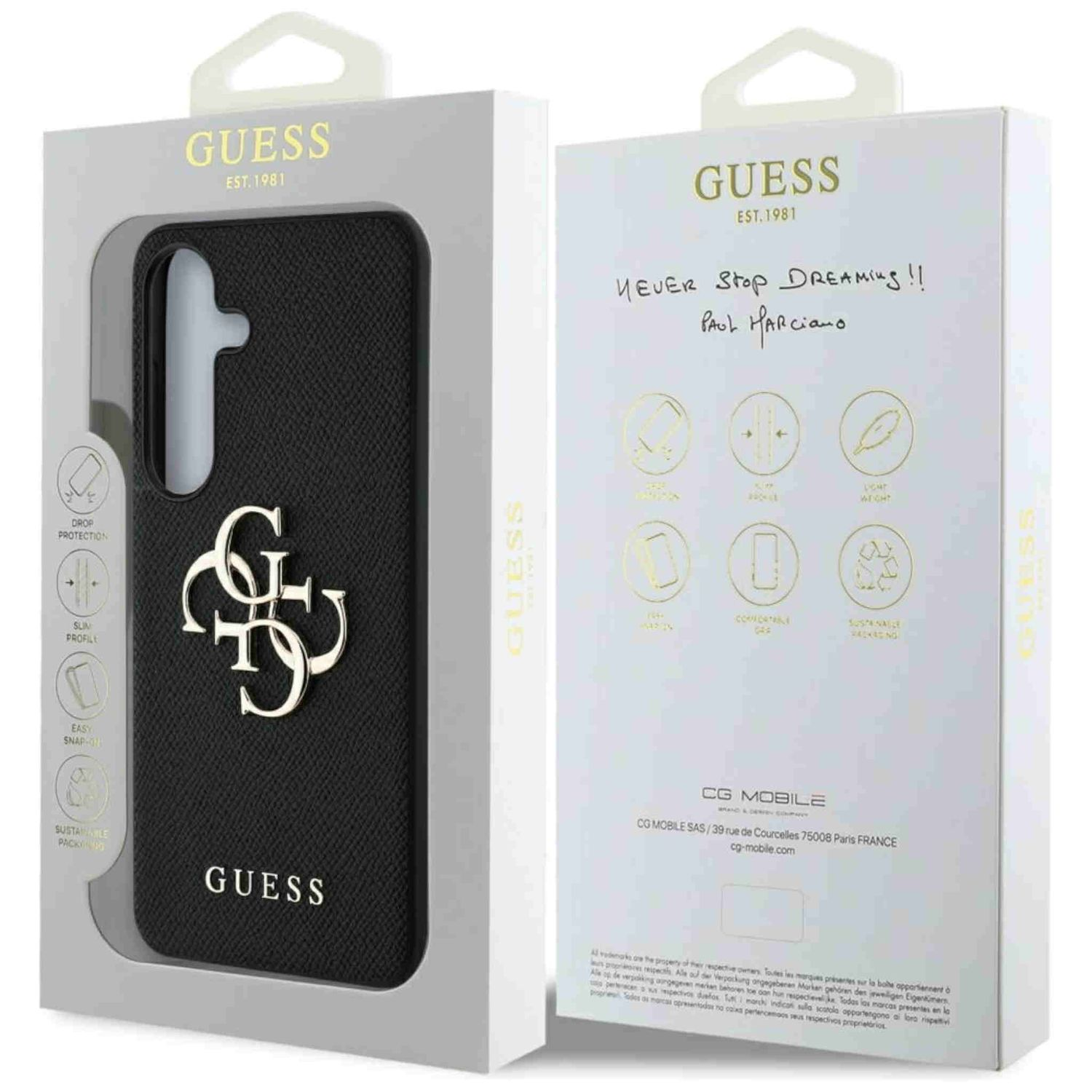 Custodia per telefono in una scatola, nera con logo e testo GUESS dorati.