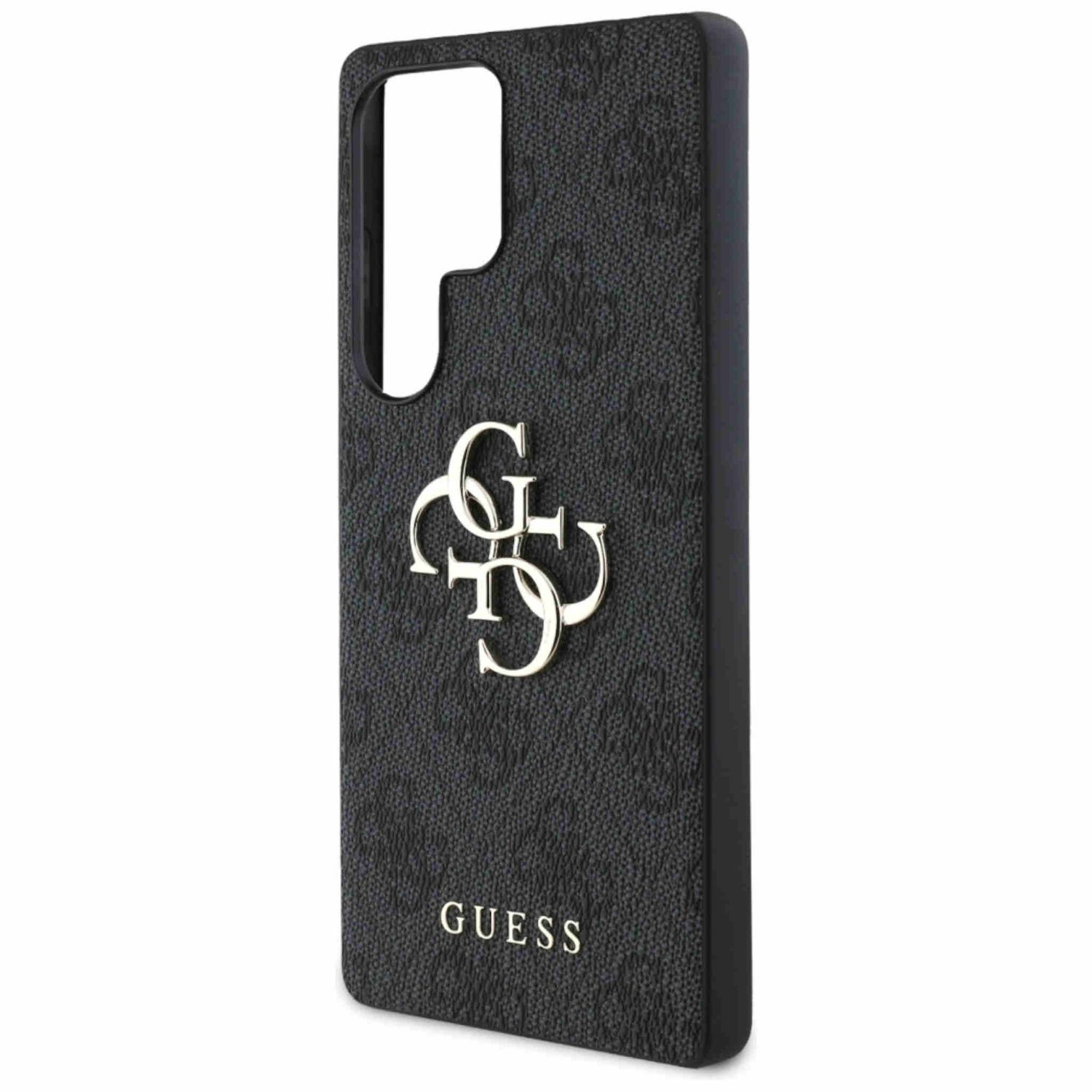 Custodia per telefono nera con logo Guess. La custodia è su sfondo bianco.