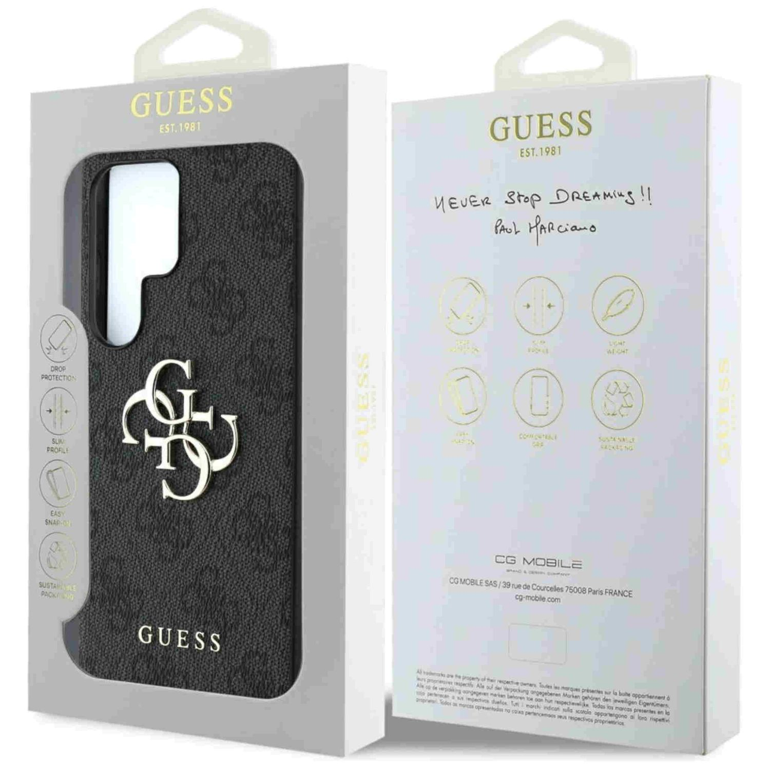 Una custodia per telefono in una scatola. La custodia è nera con il logo Guess dorato.