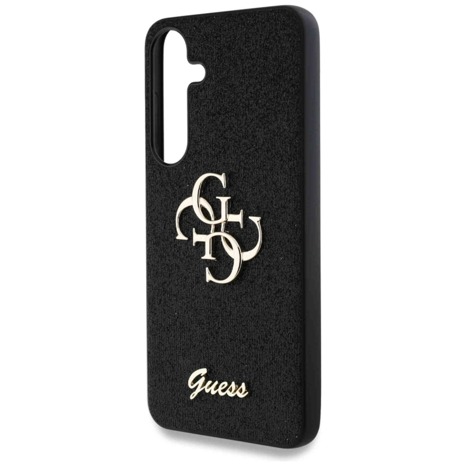 Custodia per telefono nera con logo Guess dorato.
