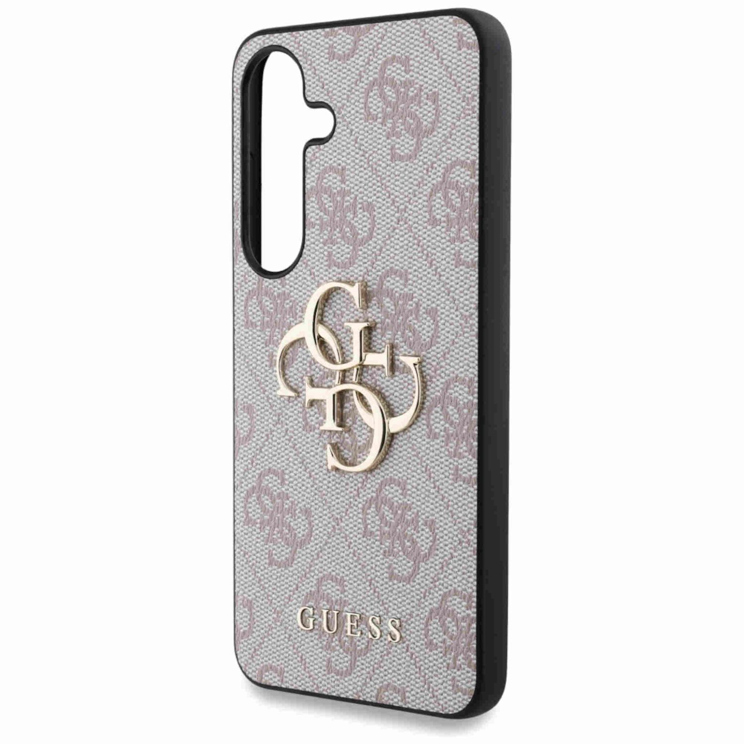 Custodia per telefono grigia con motivo Guess e logo Guess dorato.