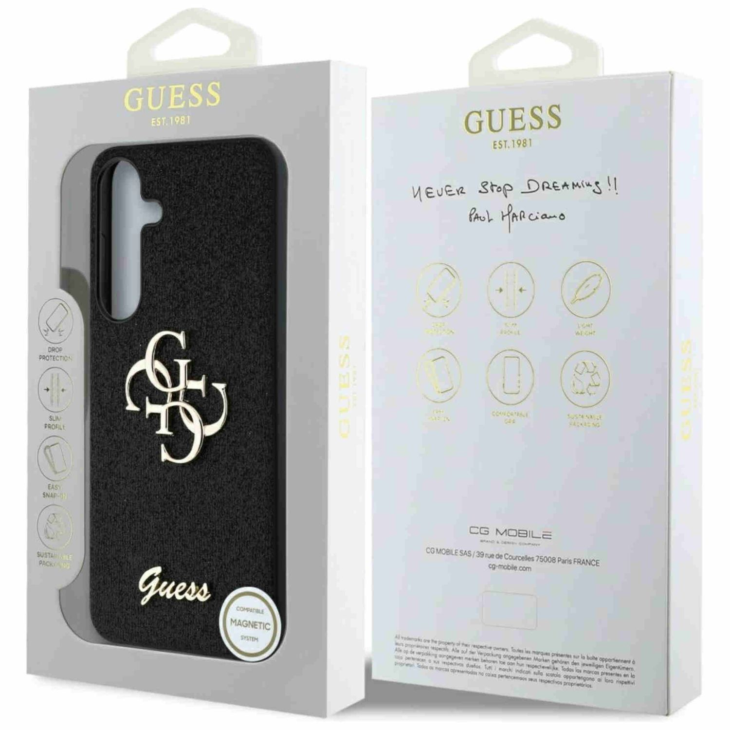Custodia nera Guess per telefono in una scatola. Ha un motivo nero e il logo Guess dorato.