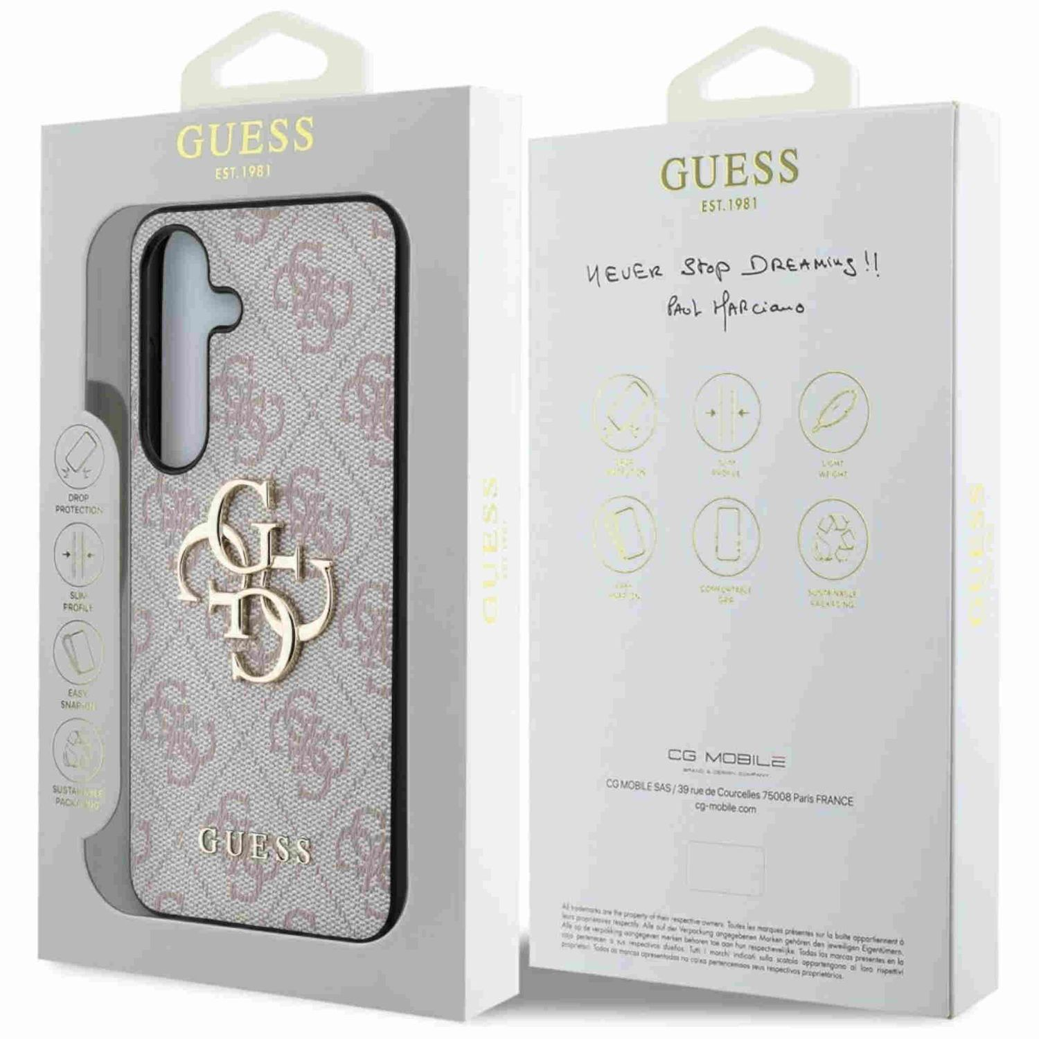 Custodia grigia Guess per telefono in una scatola. Ha un motivo grigio e il logo Guess dorato.
