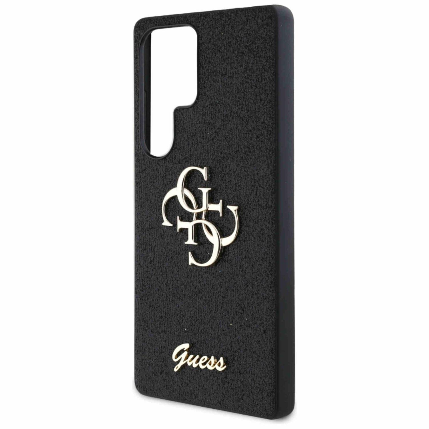 Custodia nera per telefono con logo Guess dorato.