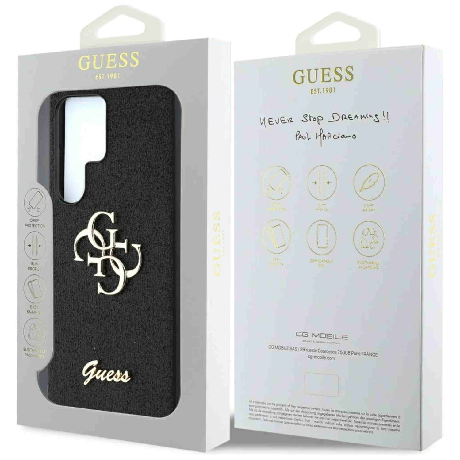 Scatola della custodia del telefono Guess. Custodia nera con logo dorato. Scatola bianca con testo.