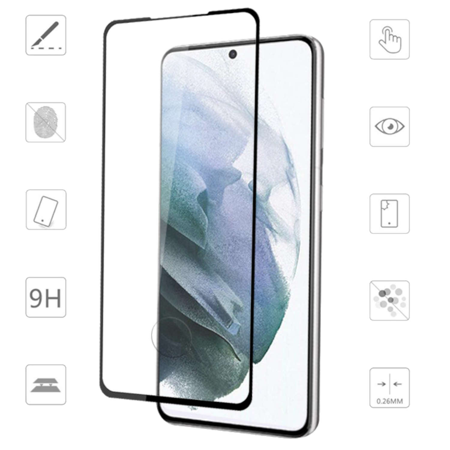 Un proteggi schermo è posizionato su un telefono. Ha una classificazione 9H e icone che mostrano le sue caratteristiche.