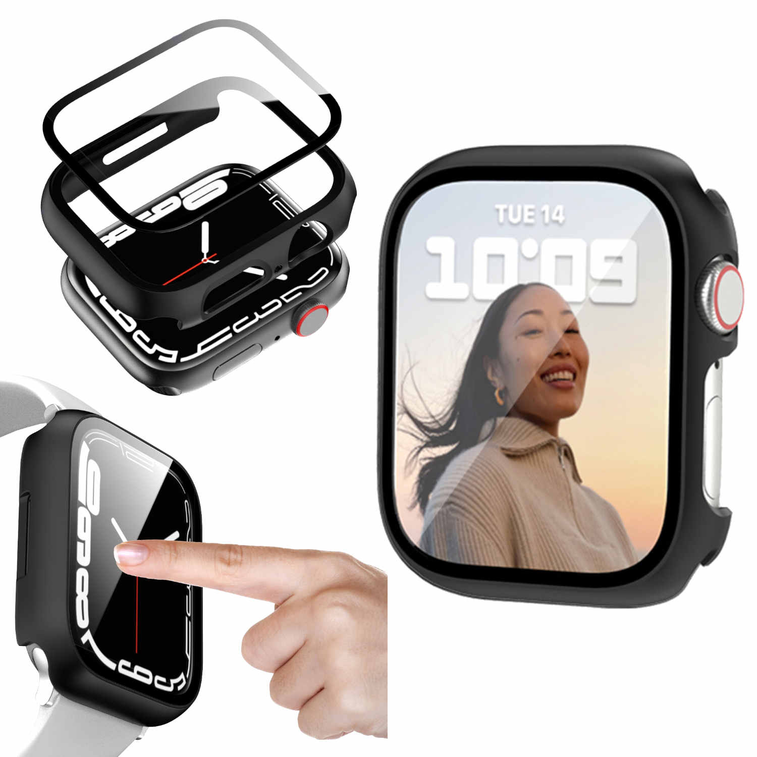 Eine Smartwatch mit Displayschutz. Der Bildschirm zeigt eine lächelnde Frau.