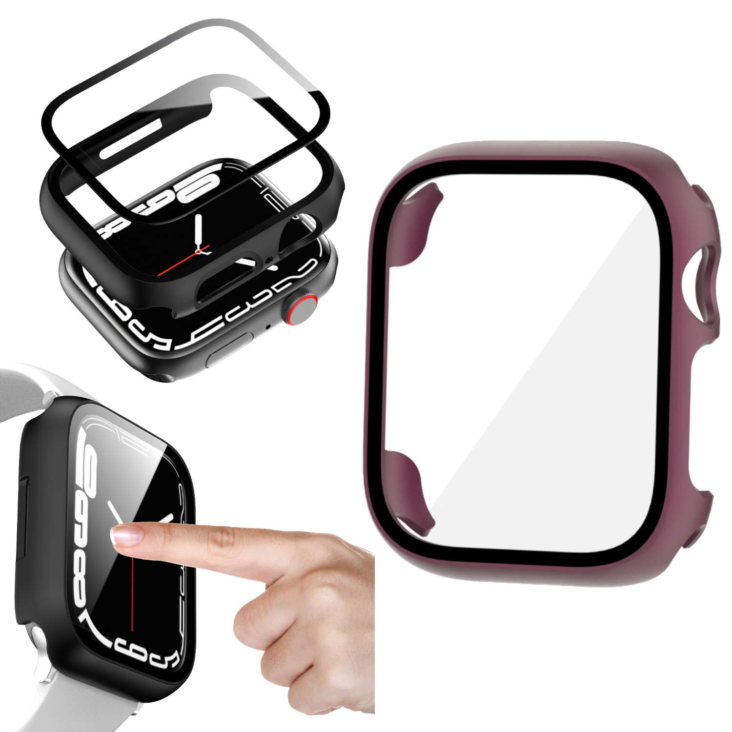 Schutzhülle für eine Apple Watch. Zeigt die Uhr und die Hülle separat.