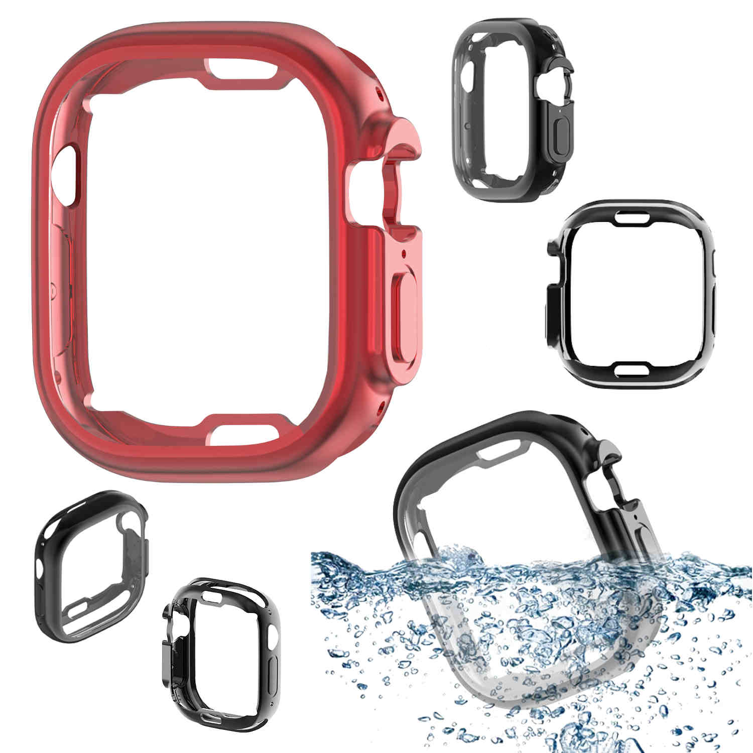 Mehrere Uhrengehäuse im Wasser. Rote und schwarze Gehäuse, mit mehreren Ansichten. Einige sind im Wasser.