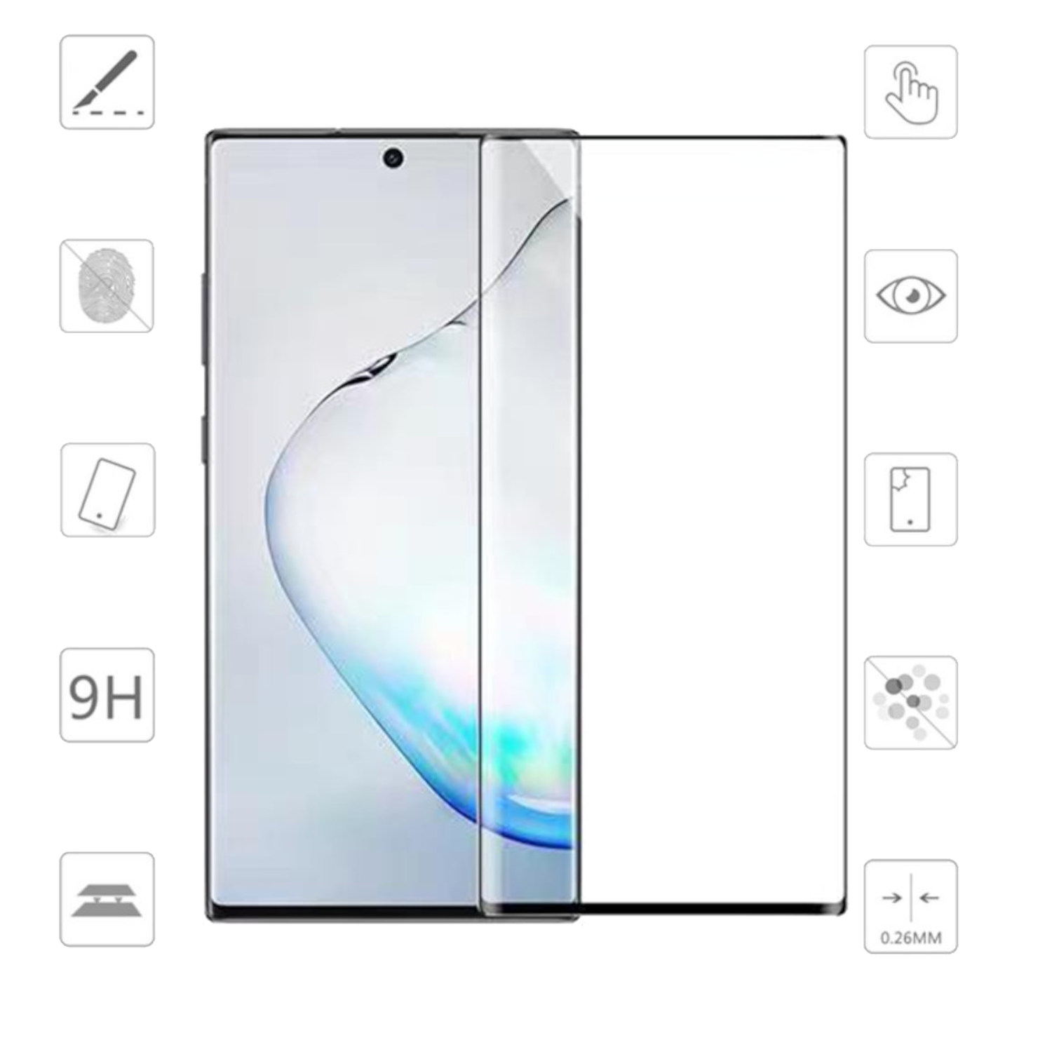 Smartphone con protezione schermo. Telefono con icone e protezione con icone che indicano le funzioni.