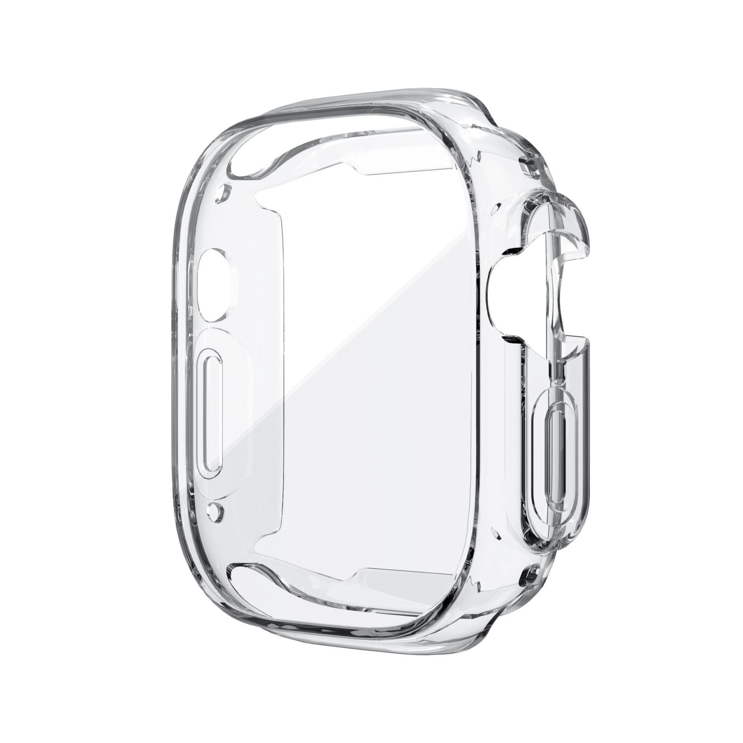 Eine klare Schutzhülle für eine Uhr. Sie ist transparent und hat Aussparungen für die Knöpfe der Uhr.