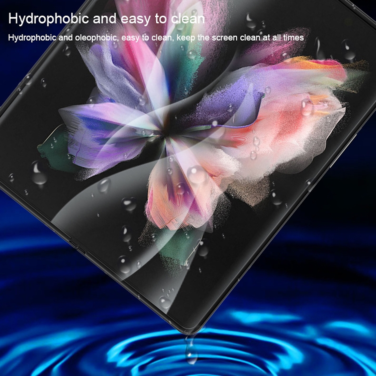 Telefono con protezione schermo. Gocce d'acqua sulla protezione schermo.