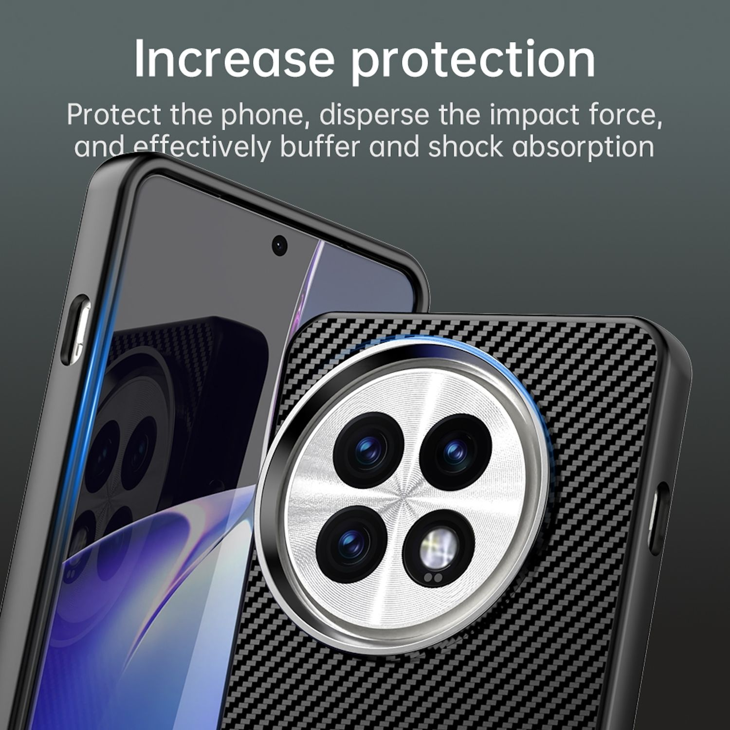 Ein Telefon mit einem Design wie Kohlefaser und einem Kameraschutz. Das Bild zeigt erhöhten Schutz vor Stößen.