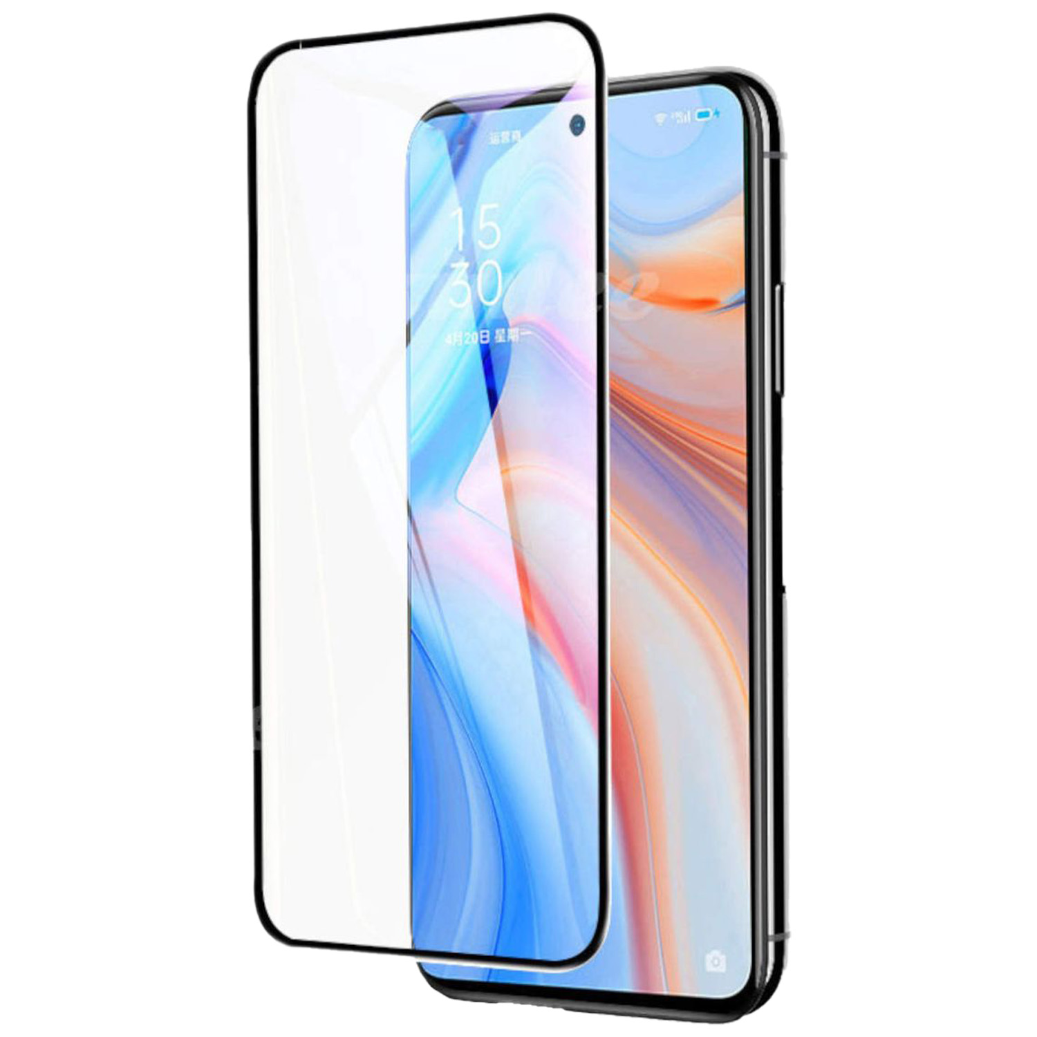 Uno smartphone con una protezione per lo schermo applicata. La protezione è trasparente e copre lo schermo. Lo schermo mostra un'ora.