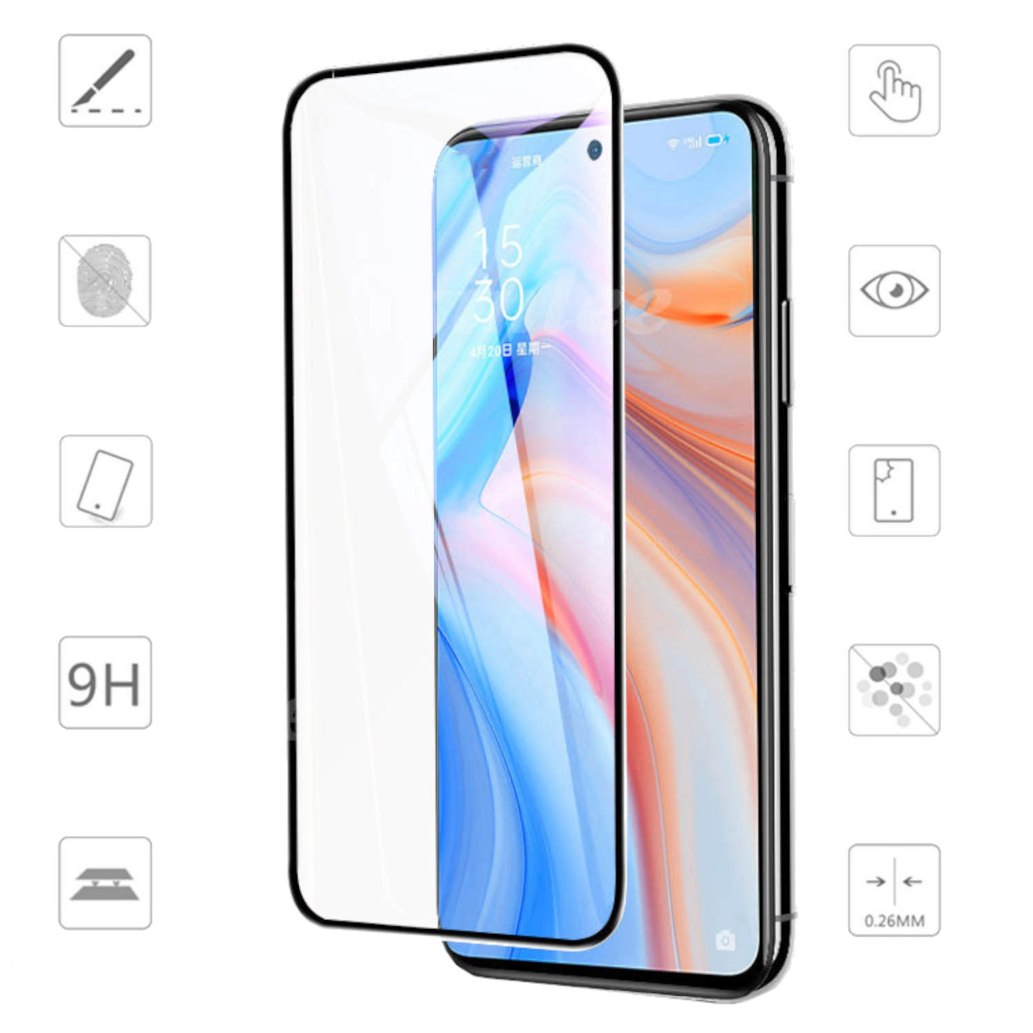 Telefono con protezione schermo. Protezione applicata allo schermo con icone intorno.