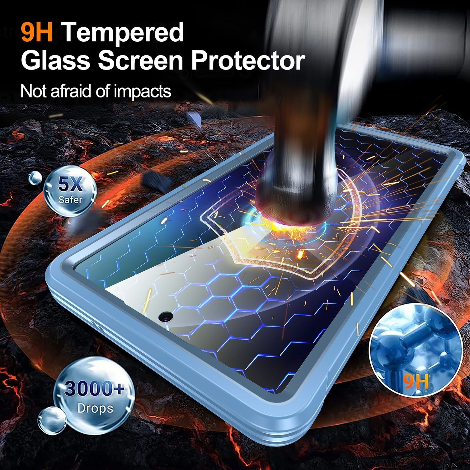 Ein Telefon mit blauem Displayschutz wird von einem Hammer getroffen. Zeigt einen Falltest und 9H-Schutz.