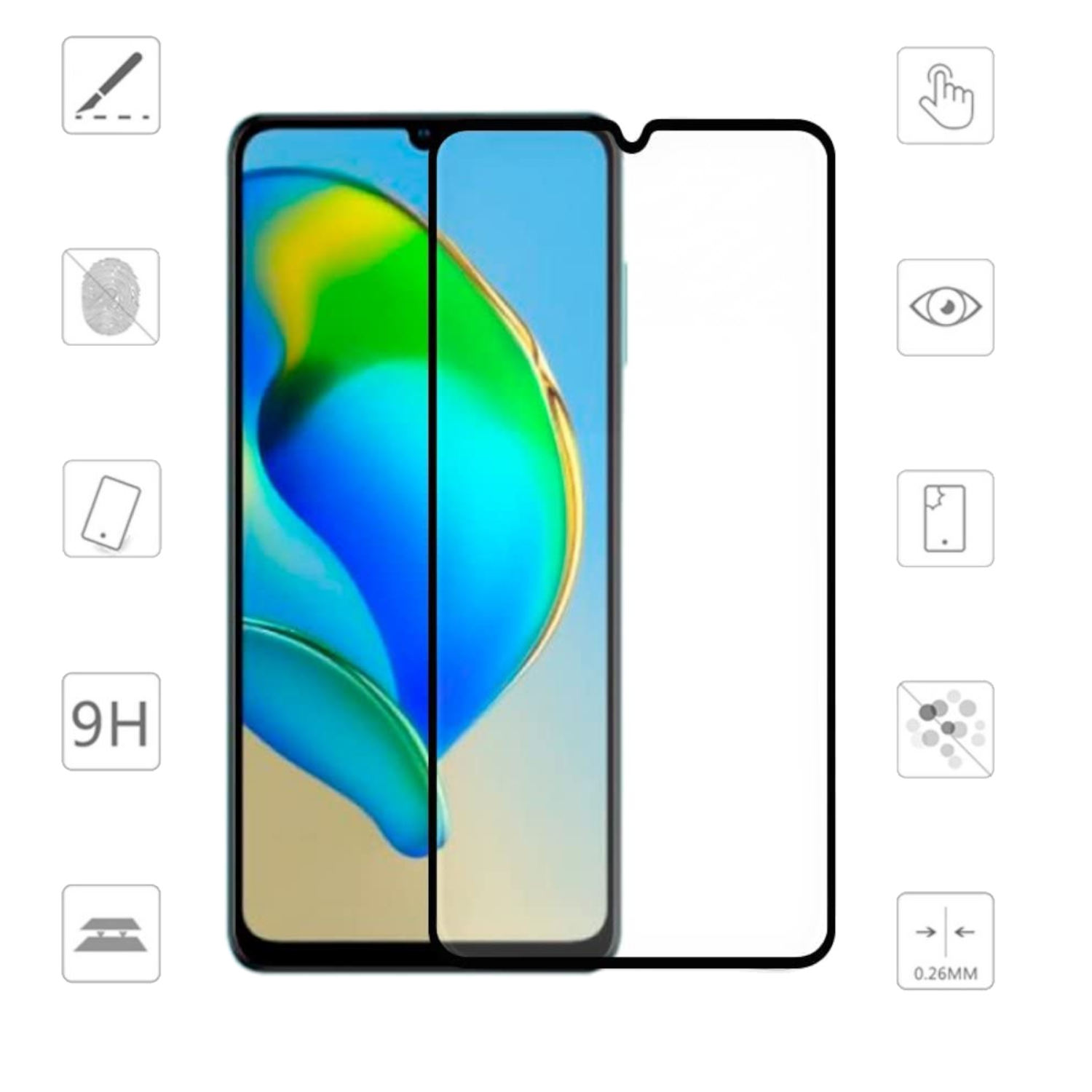 Klare Displayschutzfolie auf einem Telefon, mit Symbolen darum.