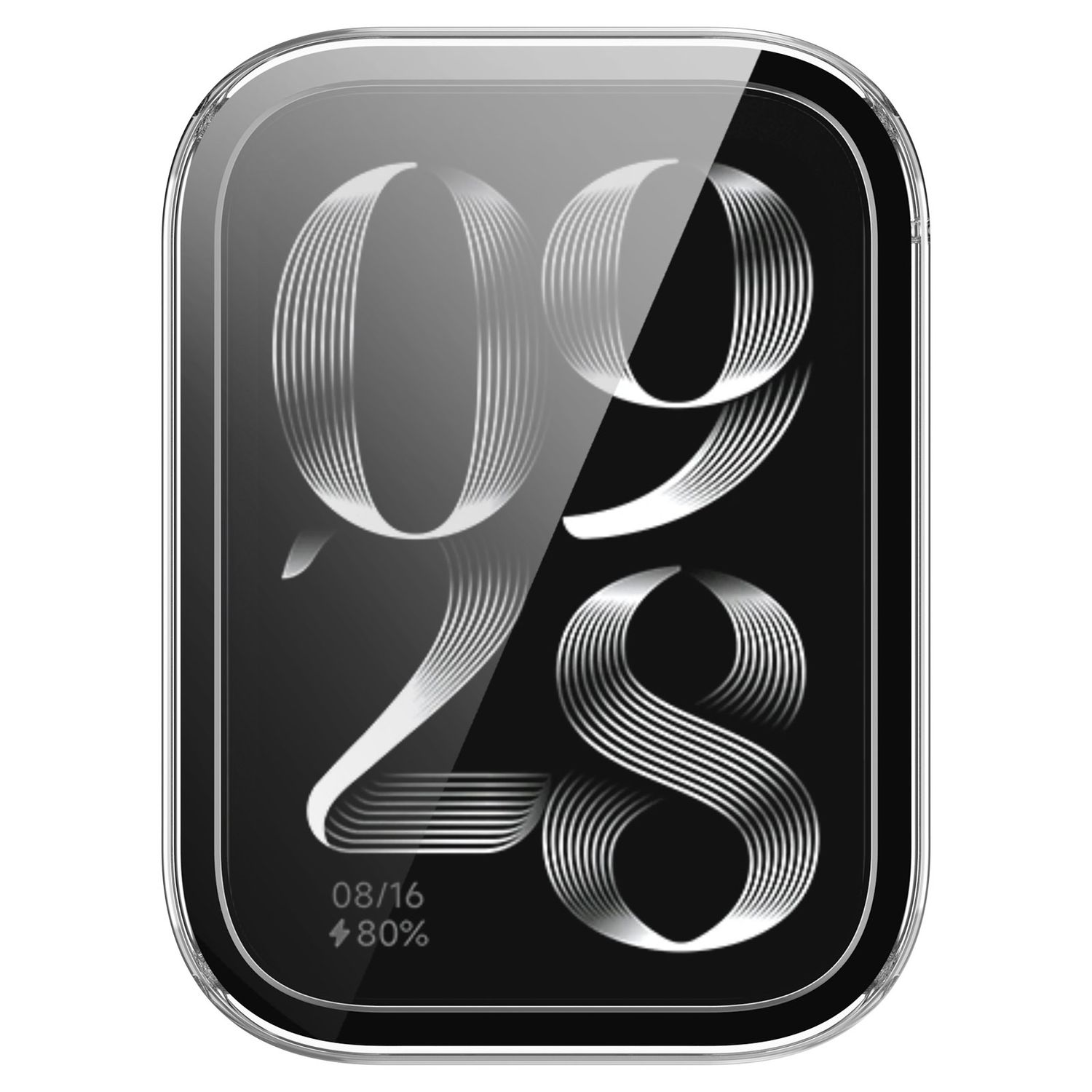 Schwarzer Displayschutz mit weißen Zahlen '09' und '28' in einem Design.