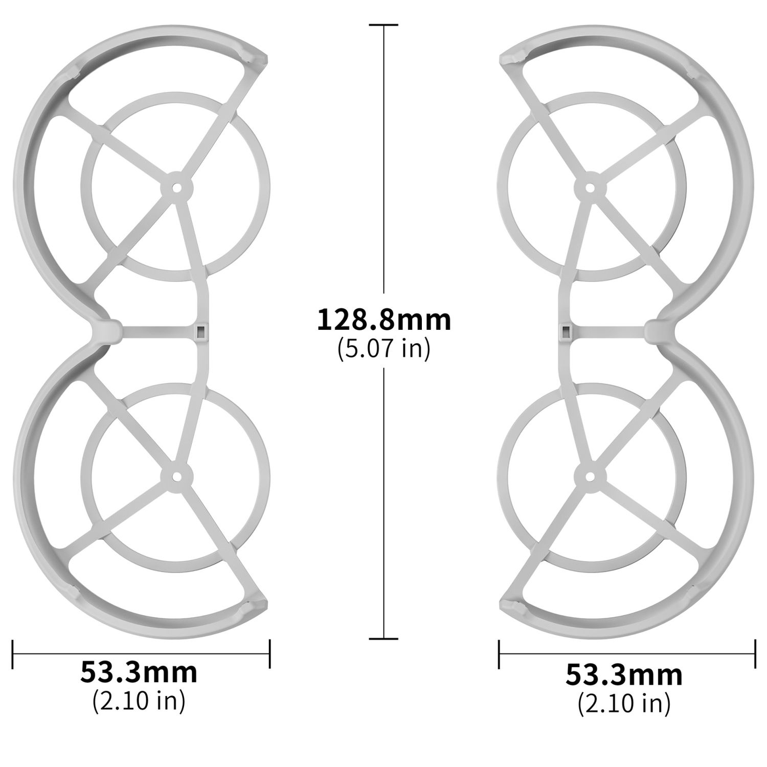 Zwei graue Drohnenpropellerschützer mit Abmessungen. Jeder Schutz hat ein kreisförmiges Design.