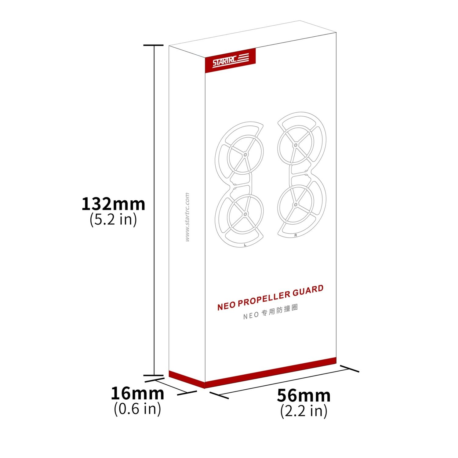 Box mit Abmessungen, beschriftet mit 'NEO PROPELLER GUARD'.