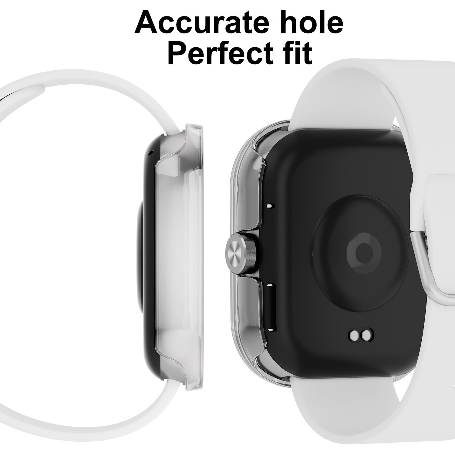 Zwei Smartwatches, eine mit Hülle, die andere ohne. Die Hülle ist durchsichtig und weiß.