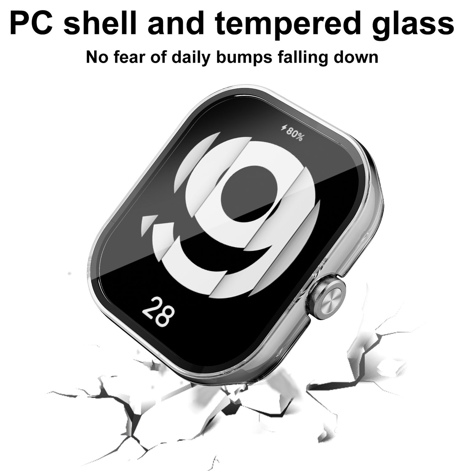 Ein Smartwatch-Display mit einer großen Zahl 9, zeigt die Akkulaufzeit. Rissige Oberfläche.