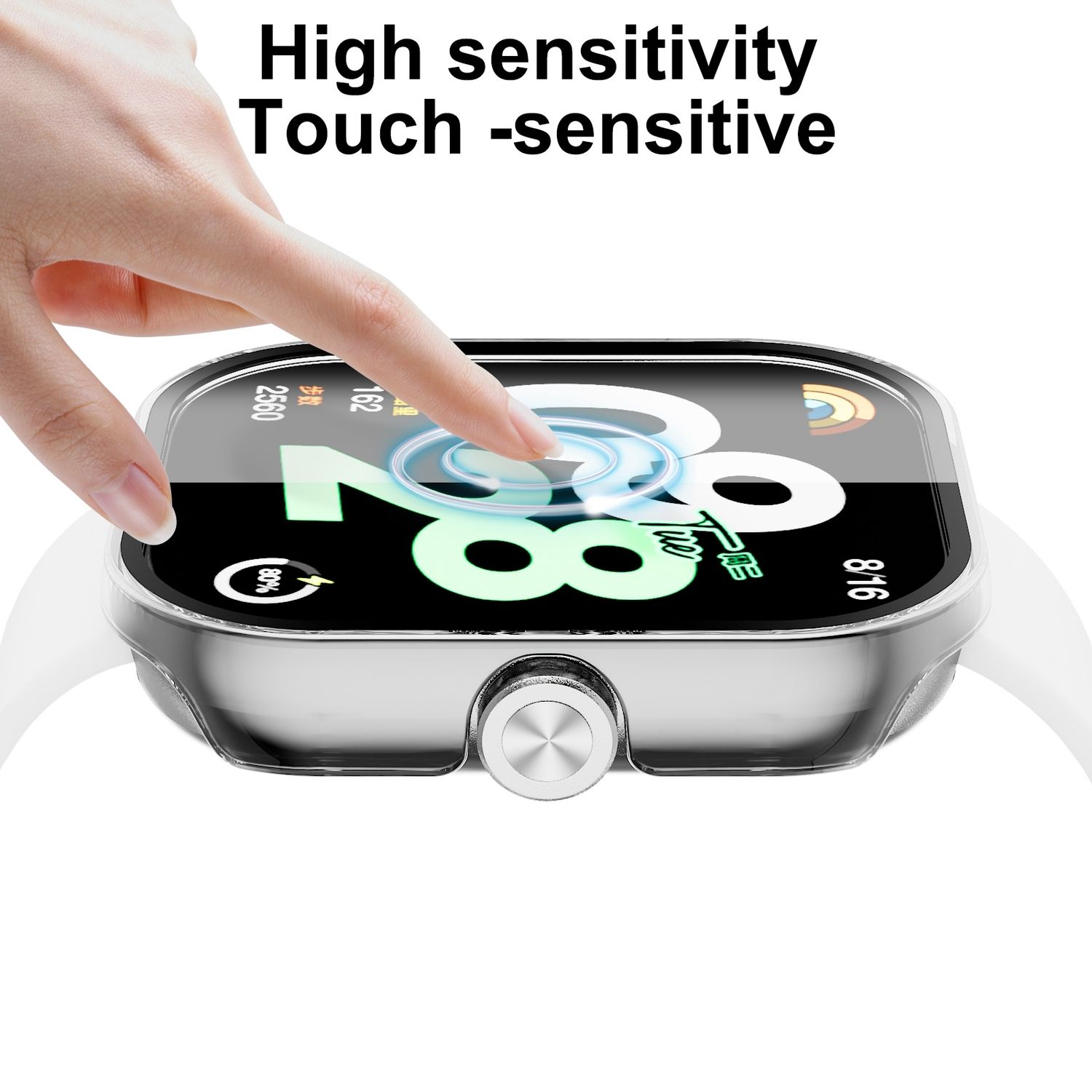 Eine Hand berührt eine Smartwatch mit Displayschutz. Das Display zeigt Daten und einen Prozentsatz.