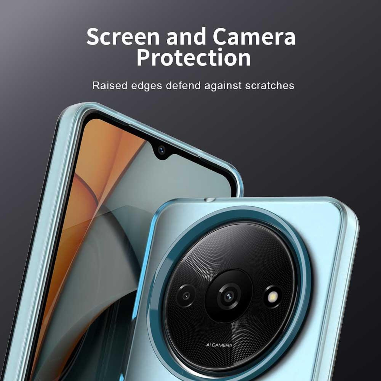Primer plano de una funda que protege la cámara y la pantalla del teléfono. Bordes elevados visibles.