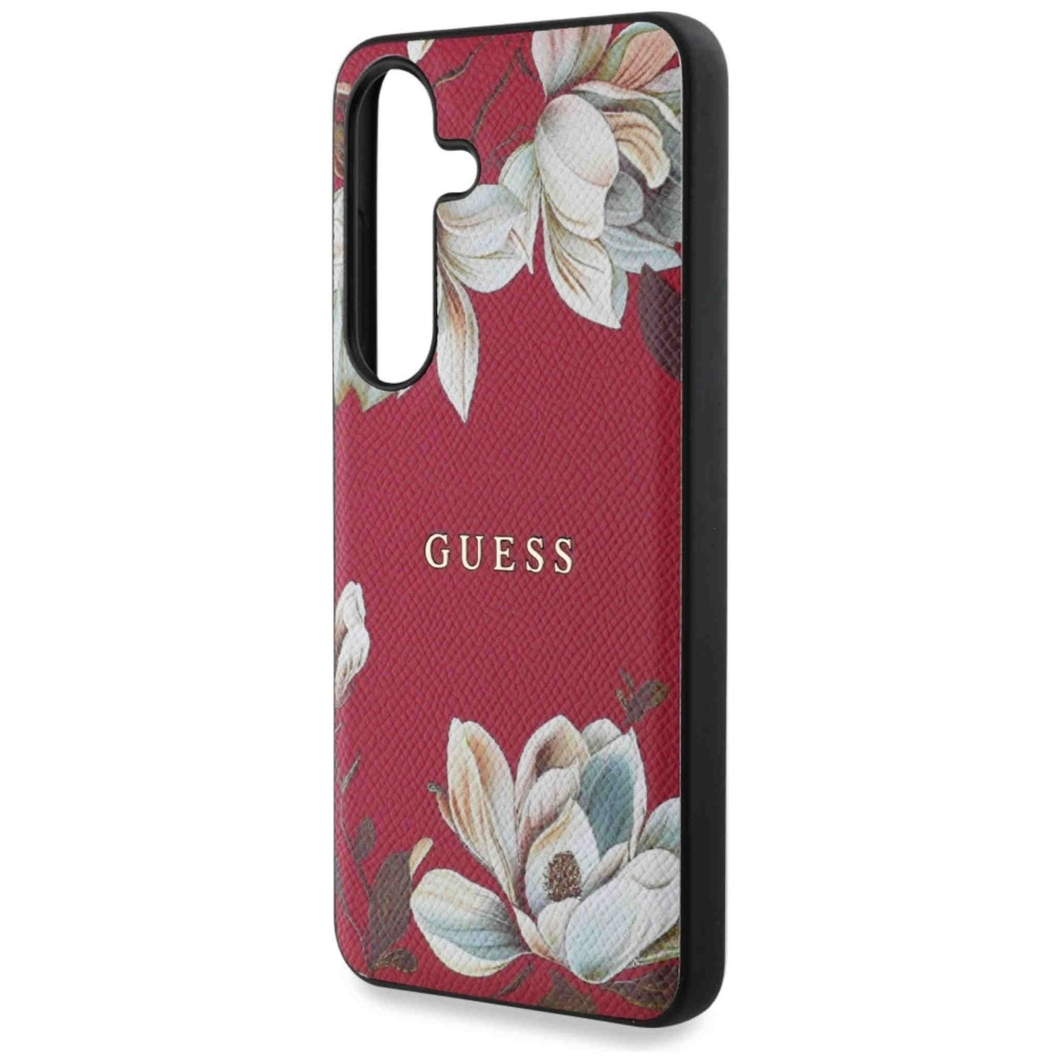 Eine Handyhülle mit floralem Design und dem Guess-Logo.