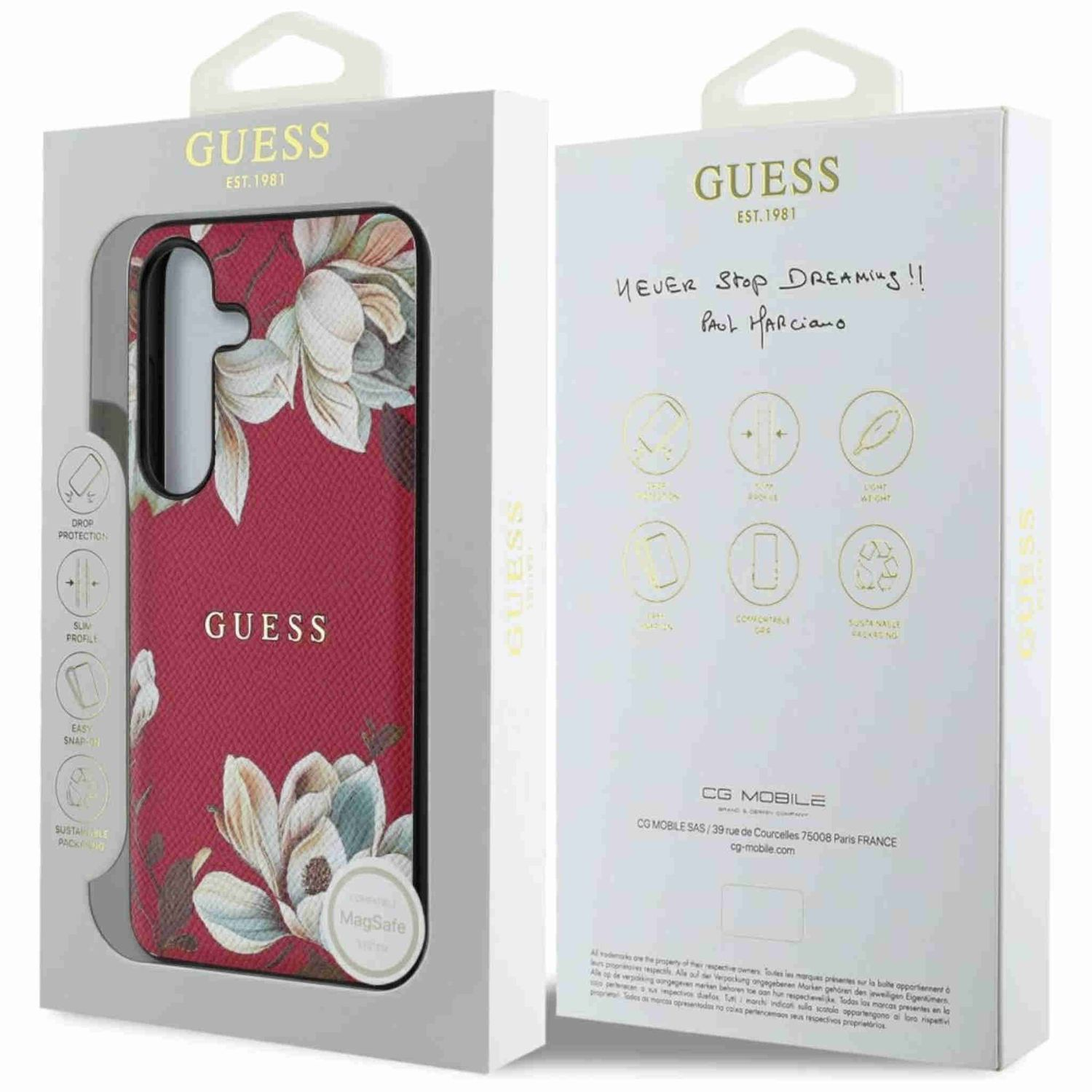 Handyhülle in einer Box. Die Hülle ist rot, mit weißen Blumen und dem Guess-Logo.