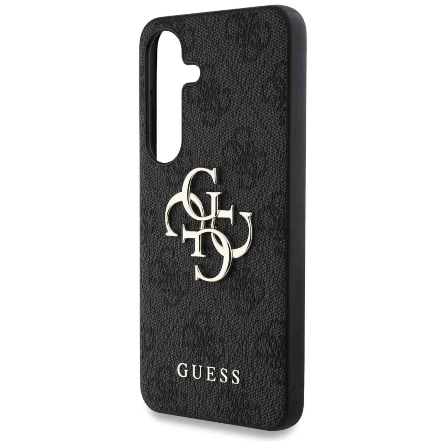 Custodia nera con logo Guess dorato sul retro.