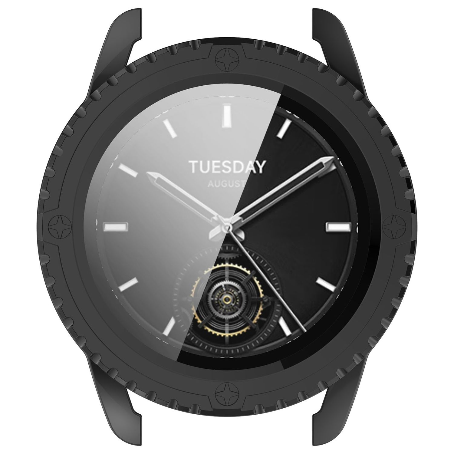 Schwarzes Zifferblatt mit Dienstag, August. Die Uhr hat einen schwarzen Rahmen.