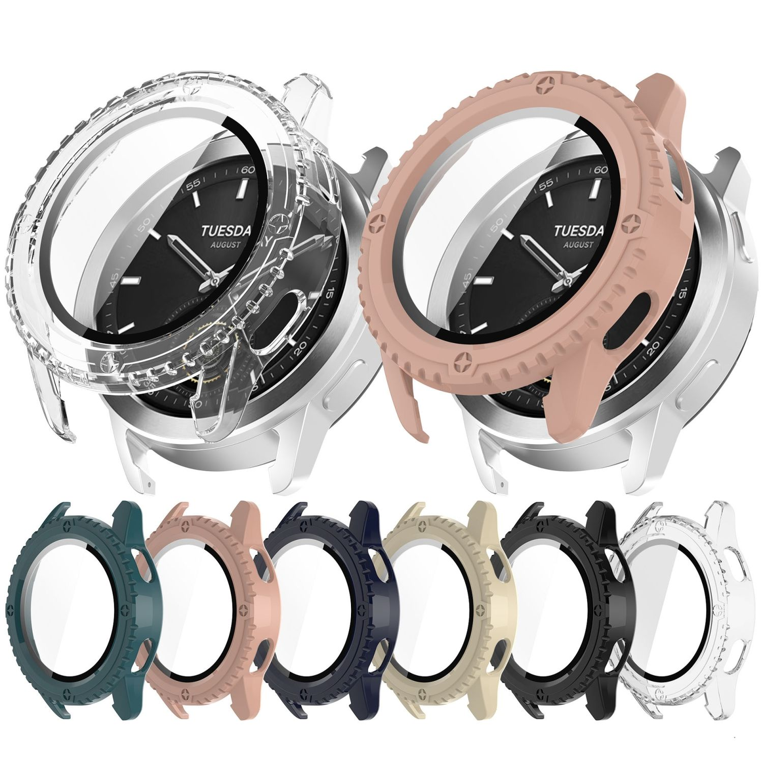 Mehrere Smartwatch-Gehäuse. Mehrere Gehäuse sind in verschiedenen Farben sichtbar.