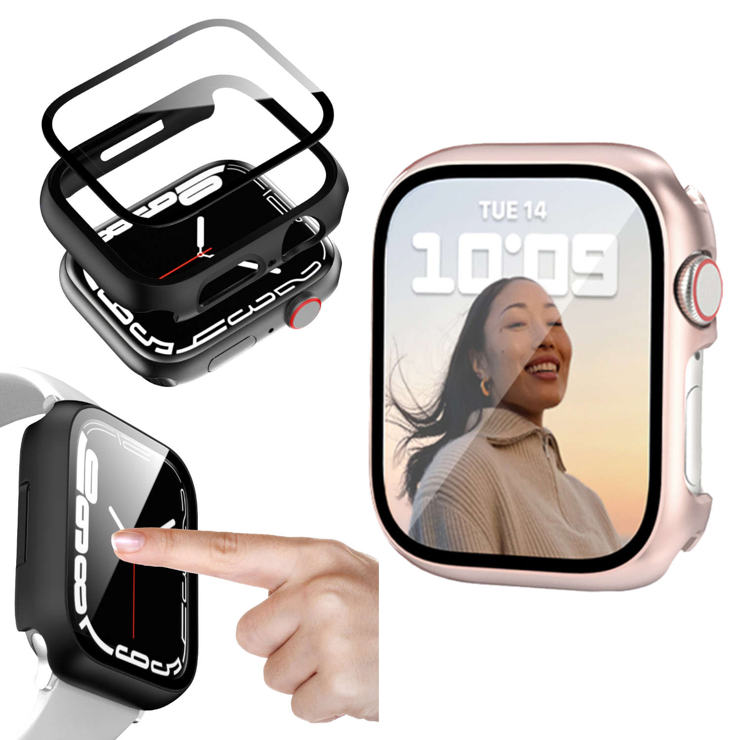 Apple Watch Gehäuse und Displayschutz mit Zifferblatt einer Frau.