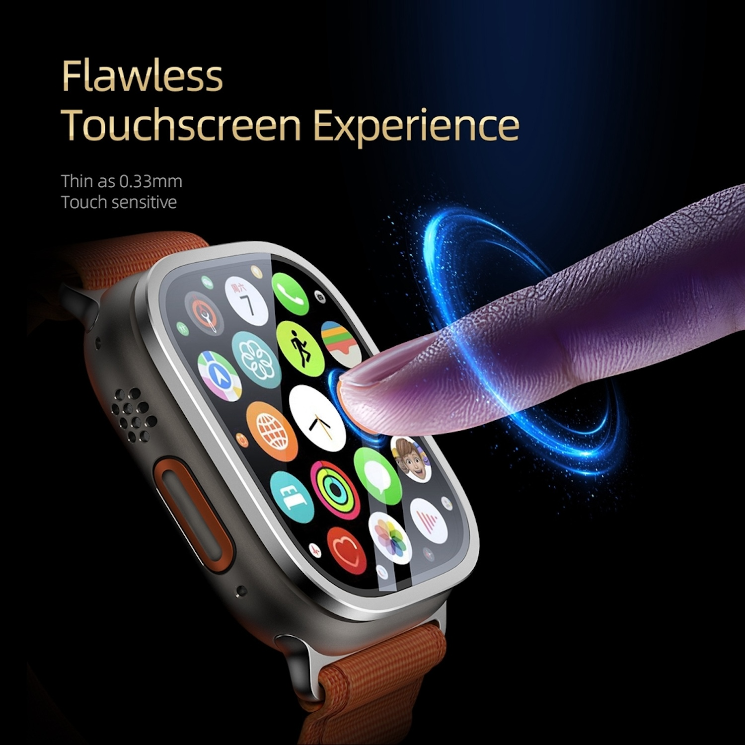 Ein Finger berührt einen Smartwatch-Bildschirm mit verschiedenen App-Symbolen.