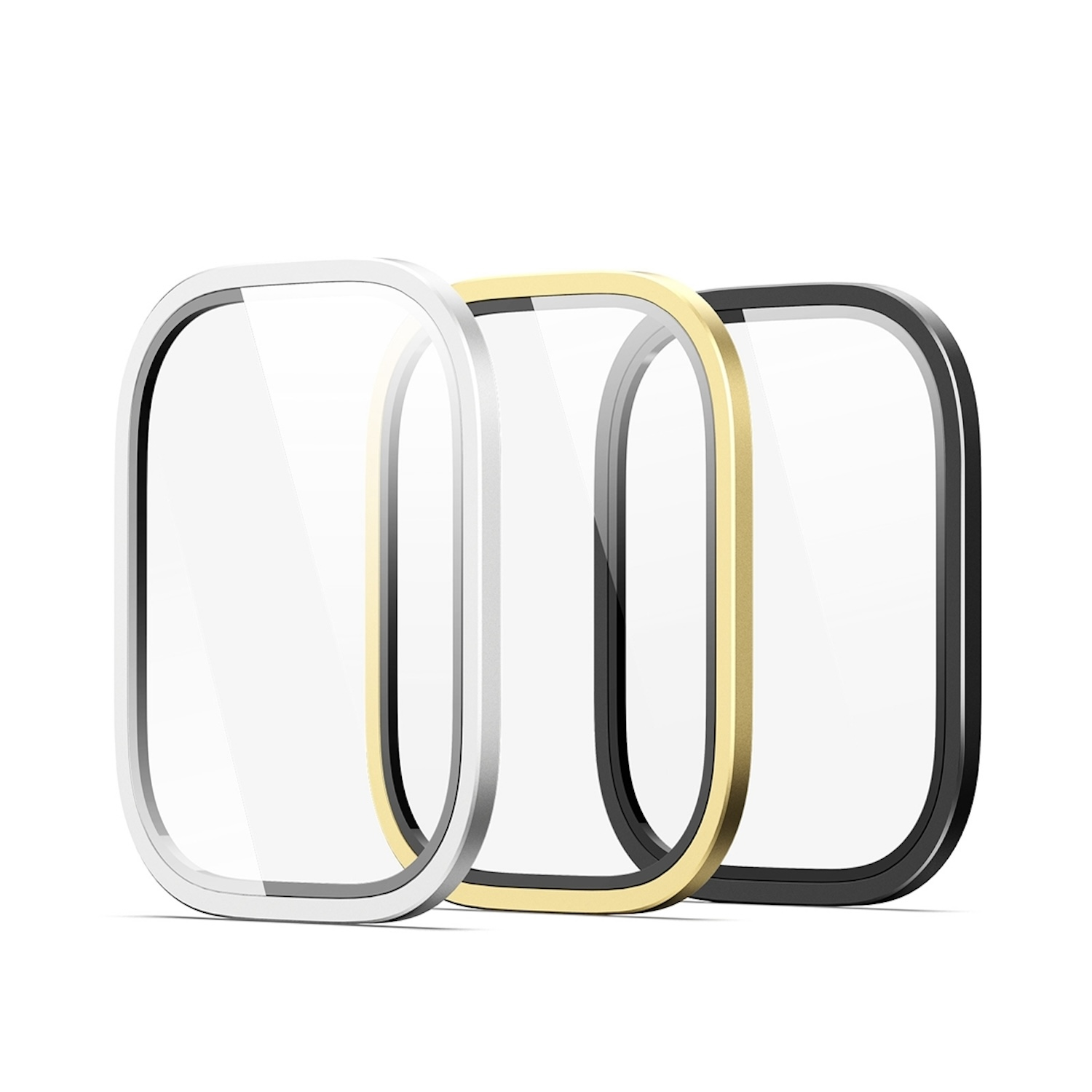Drei Displayschutzfolien für Telefone, silberne, goldene und schwarze Rahmen, auf weißem Hintergrund.