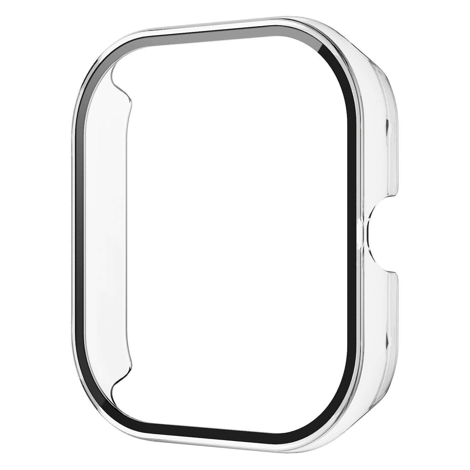 Eine transparente Schutzhülle für eine Smartwatch. Hat eine gebogene rechteckige Form.