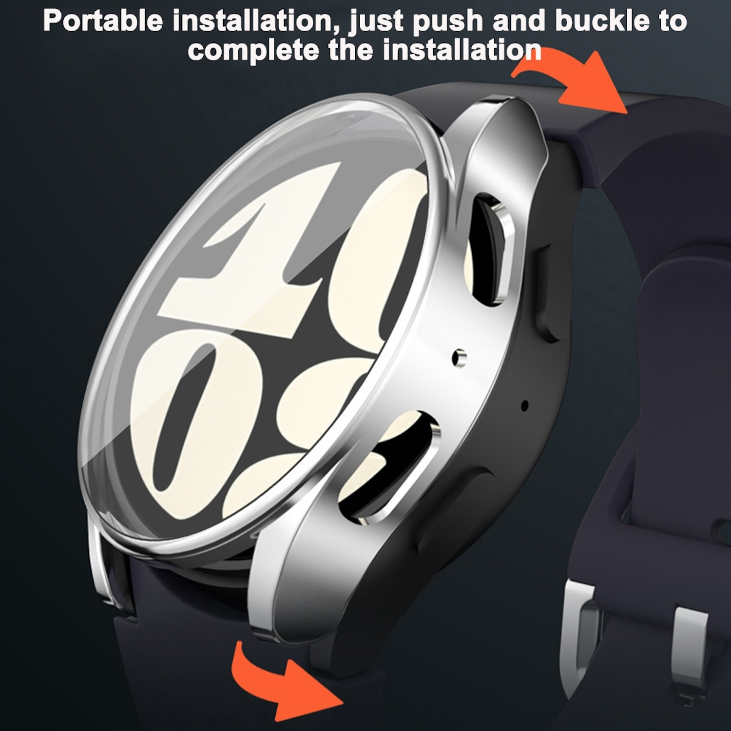 Silbernes Uhrengehäuse an einem schwarzen Uhrenarmband montiert. Pfeile zeigen den Installationsprozess an.