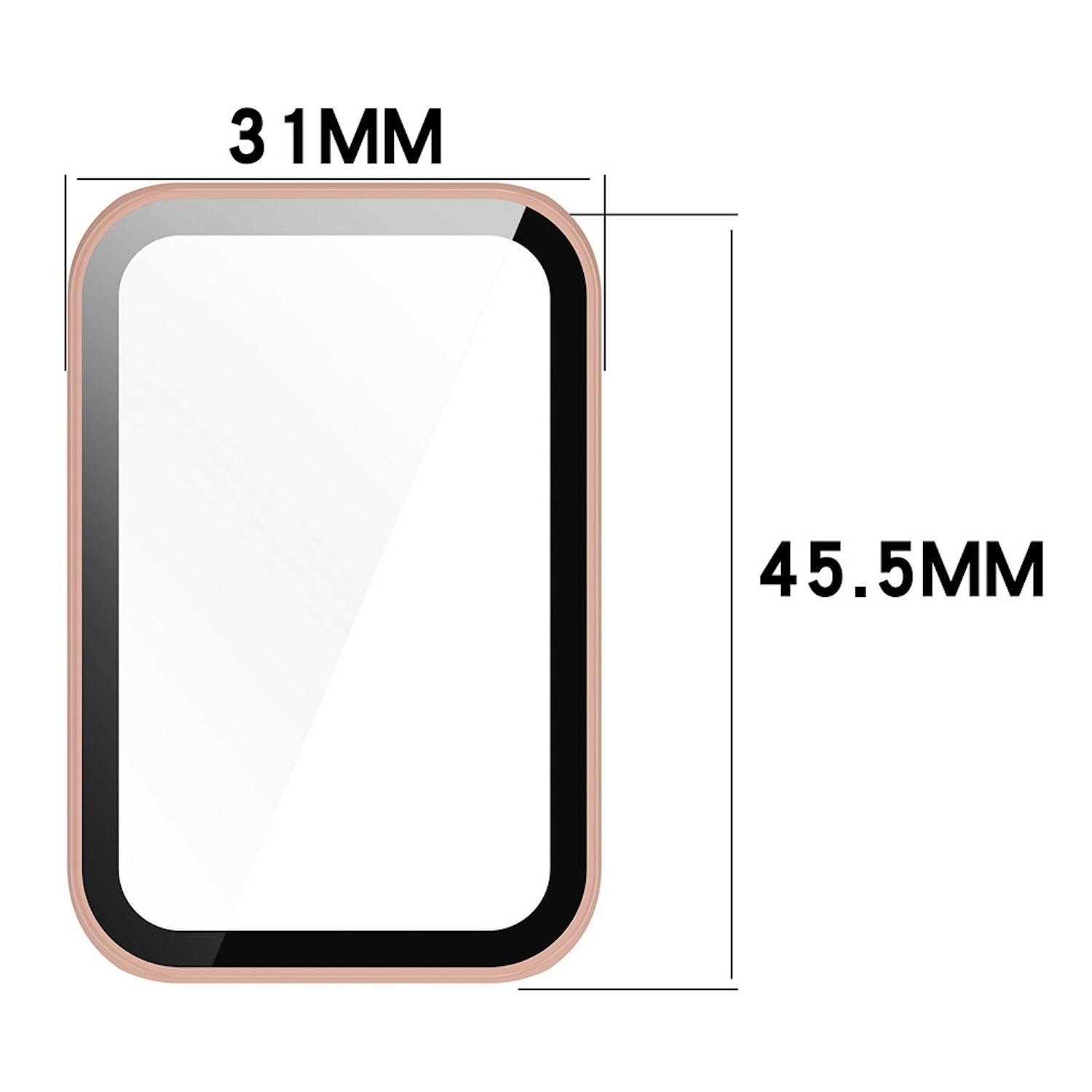 Rechteckiger Displayschutz. Abmessungen: 31 mm x 45,5 mm. Rosa Rand, weißer Bildschirm, auf Weiß.