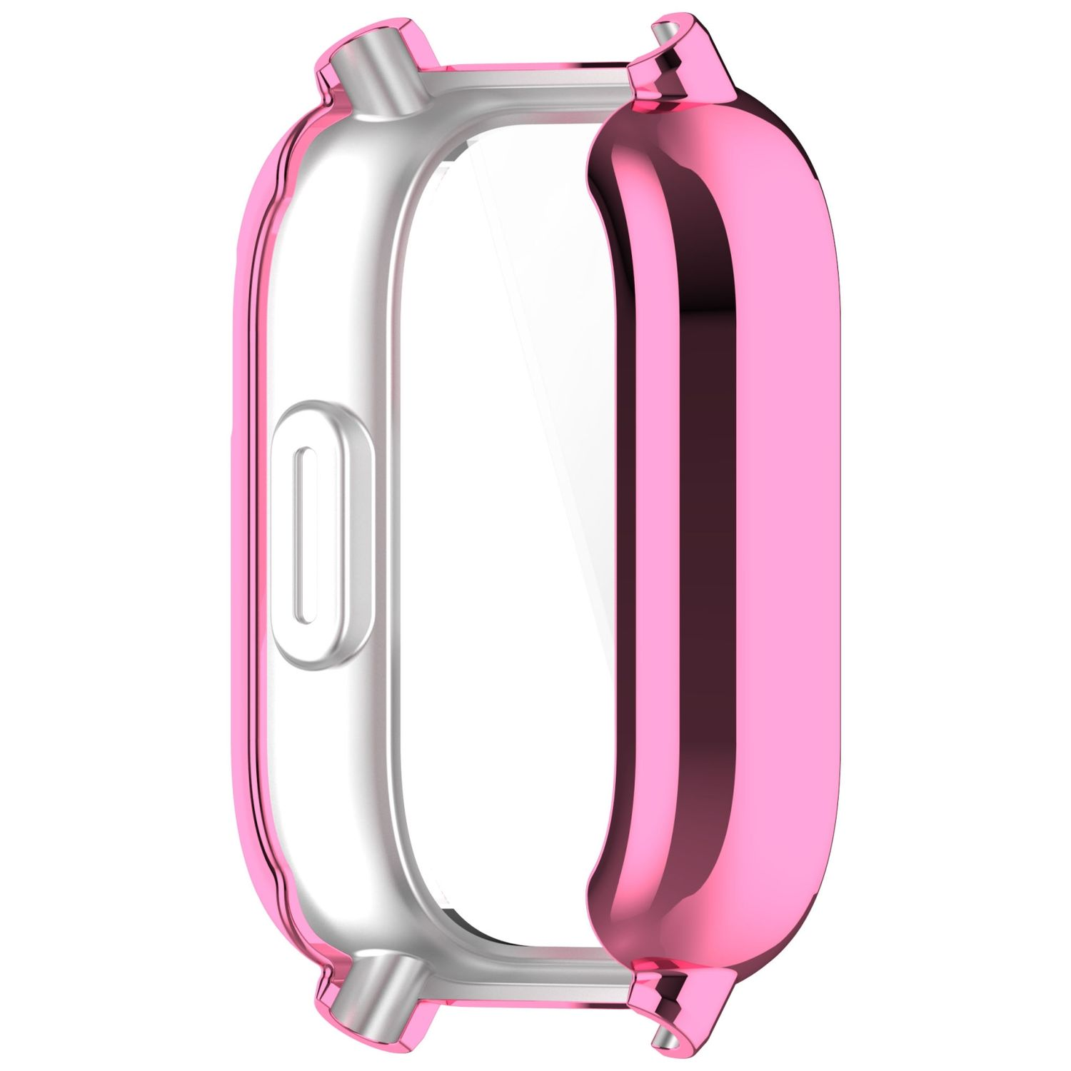 Custodia rosa per smartwatch con area schermo trasparente.
