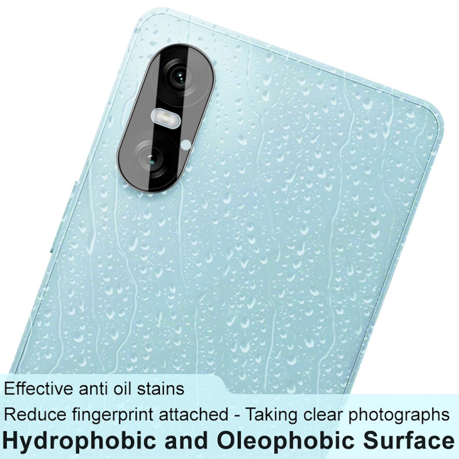 Blaue Telefonrückseite mit Wassertropfen. Text: Hydrophobe und oleophobe Oberfläche.