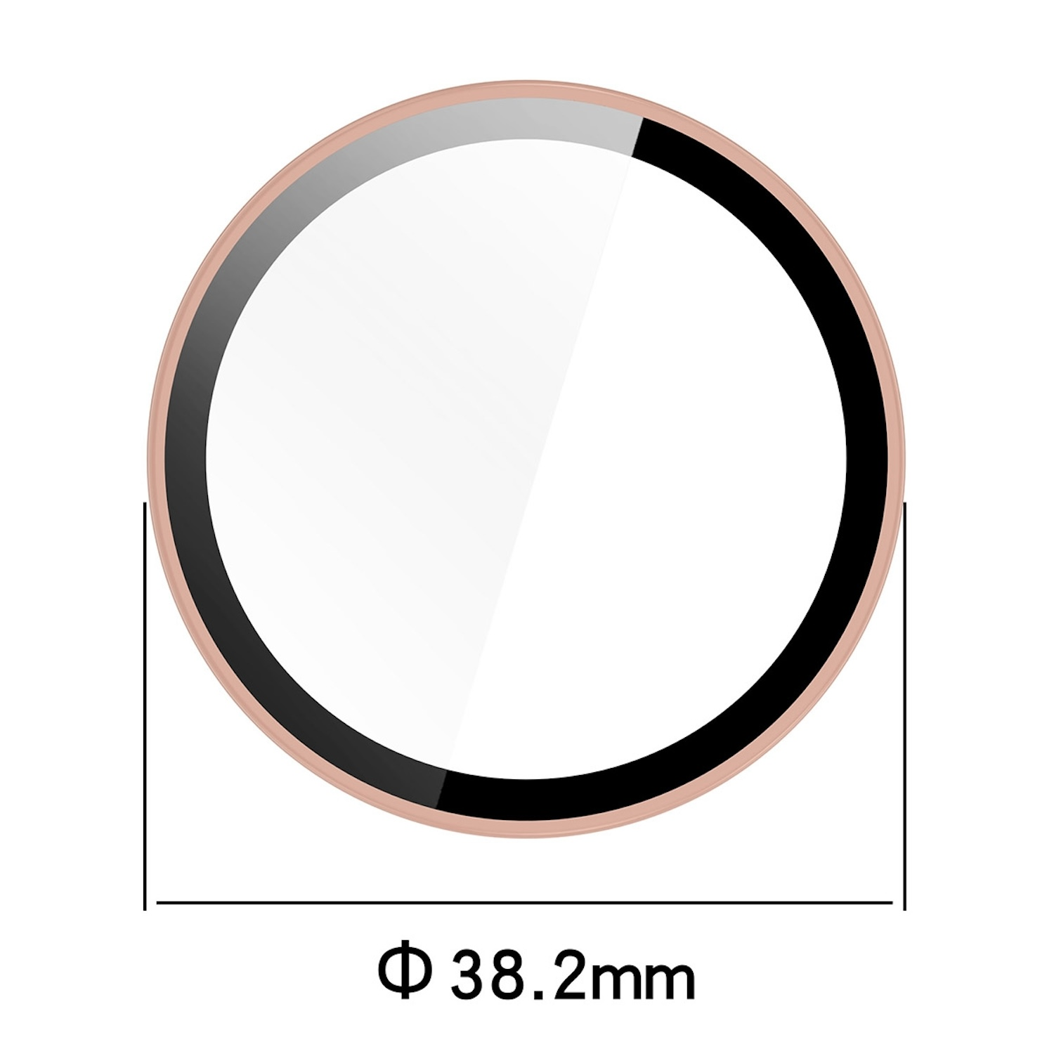 Ein kreisförmiger Displayschutz mit schwarzem Rahmen und roségoldfarbenem Rand, mit einem Durchmesser von 38,2 mm.