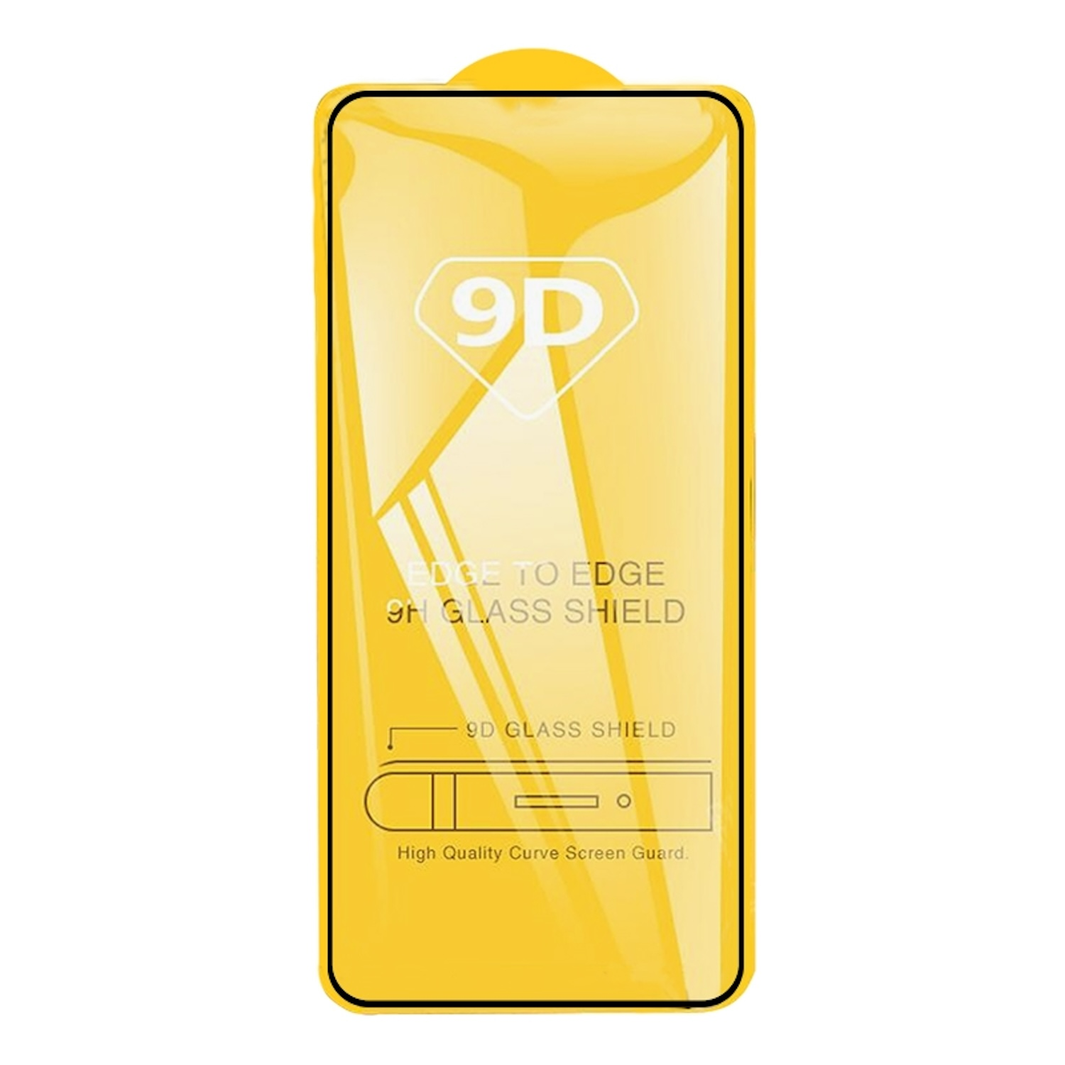Confezione di protezione schermo in vetro 9D giallo con testo e grafica. Sfondo bianco.