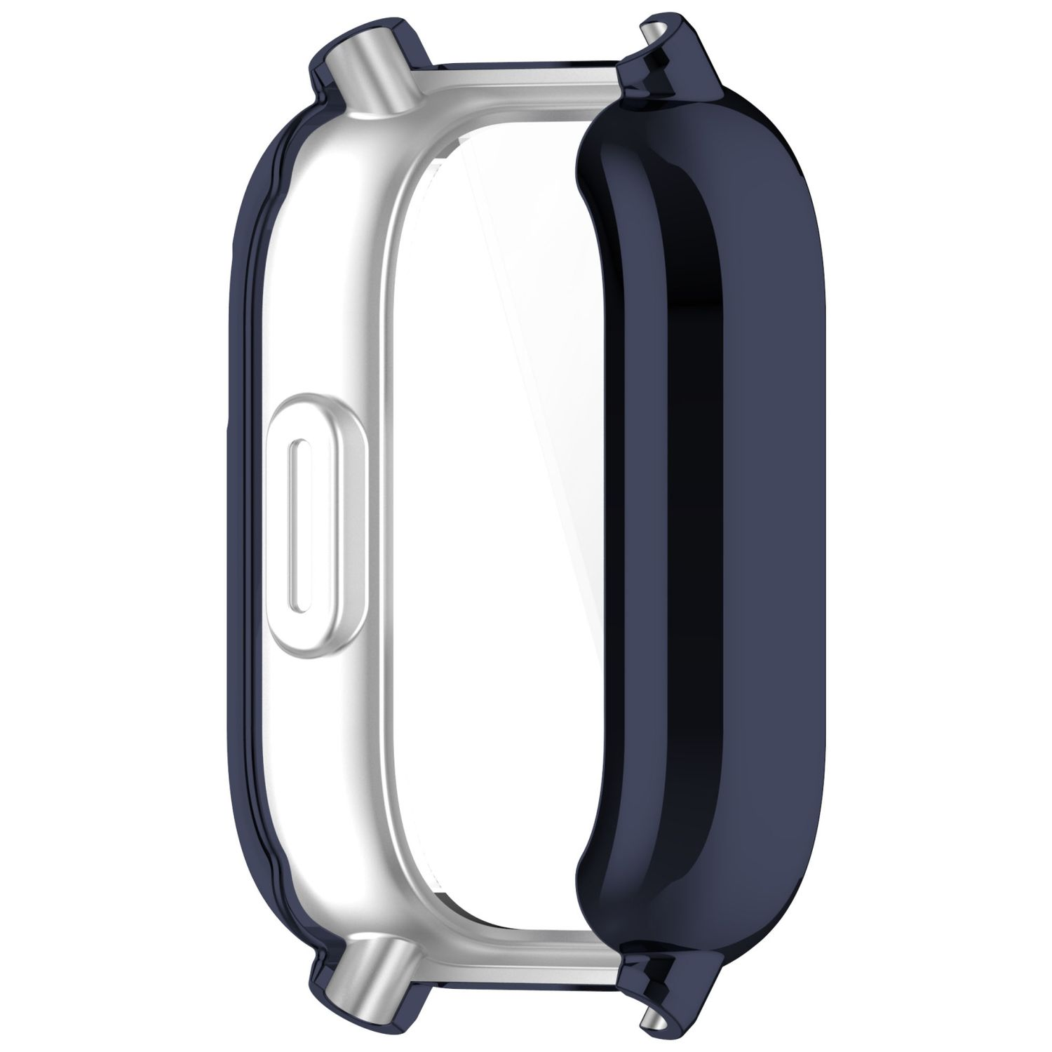 Schutzhülle für Smartwatch, Silber- und Blautöne, mit transparentem Bildschirmbereich.