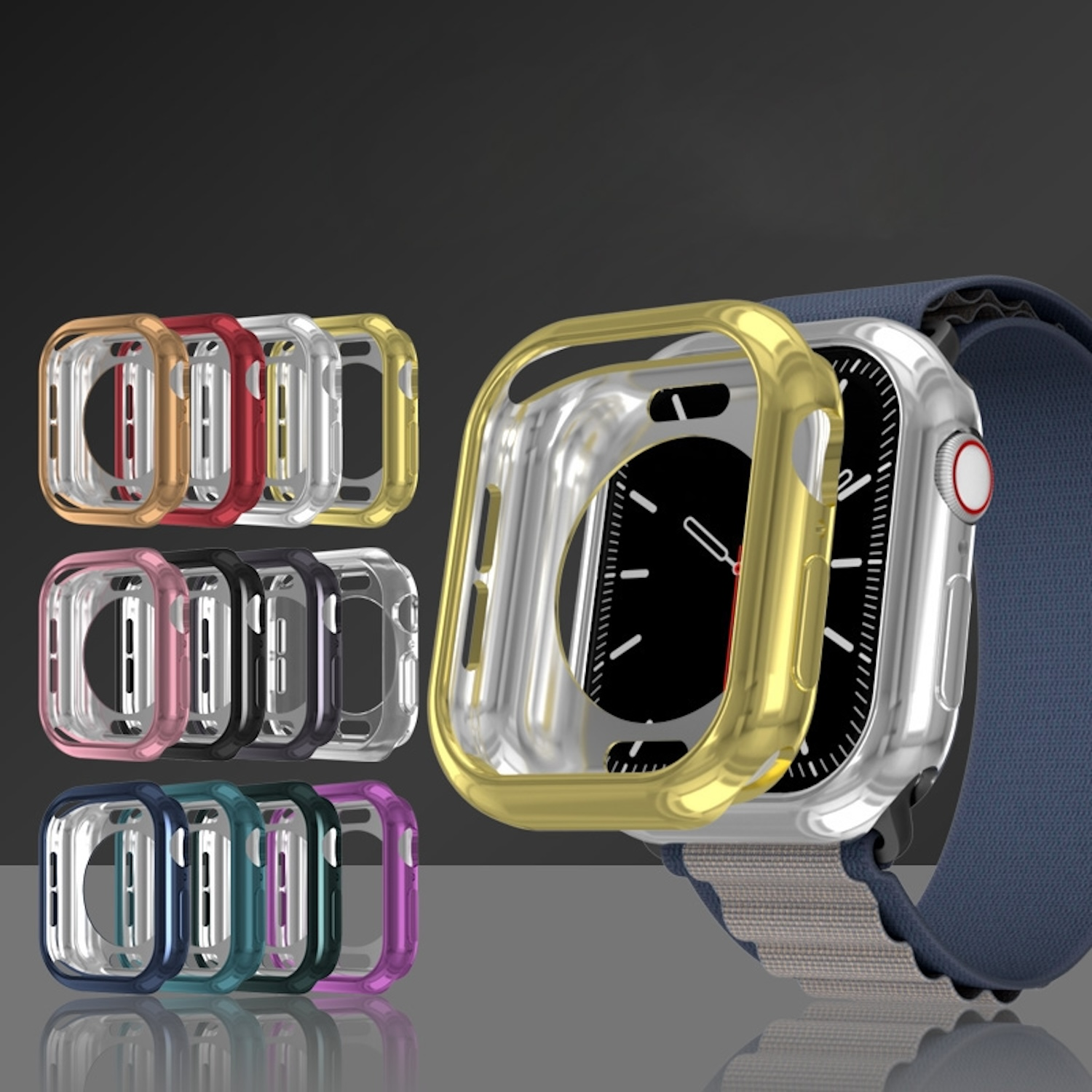 Uhrengehäuse in verschiedenen Farben. Ein goldenes Gehäuse ist auf der Uhr. Andere Gehäuse sind rot, schwarz, silber, blau, grün.