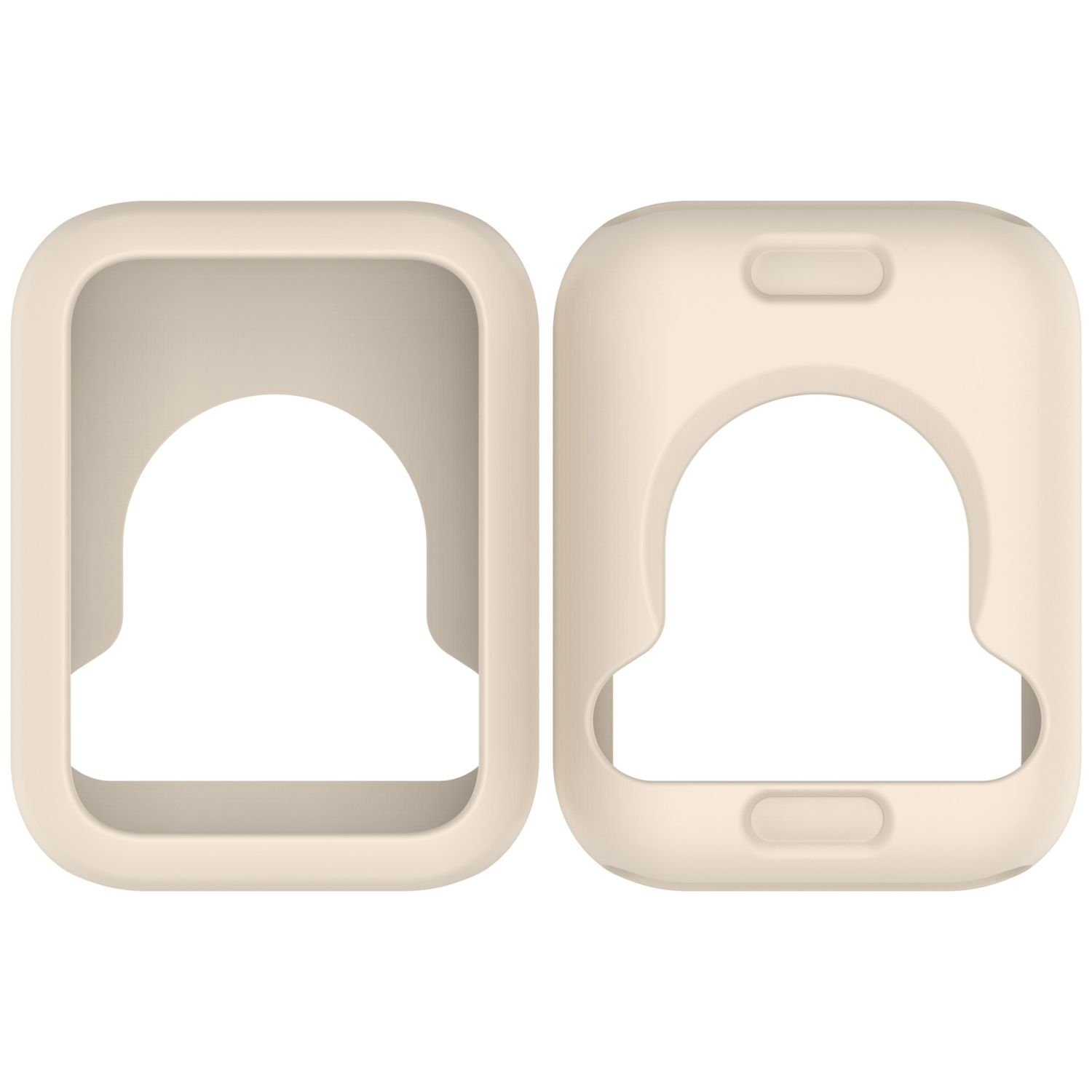 Due cover per telefono beige. Una ha un ritaglio per la fotocamera. Sfondo bianco.