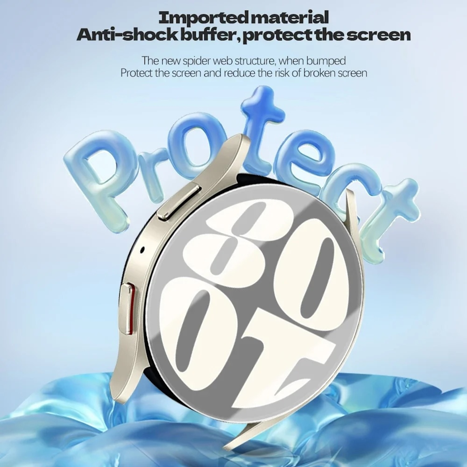 Uno smartwatch con corpo color crema, con il numero 80 sullo schermo, fluttuante sull'acqua.