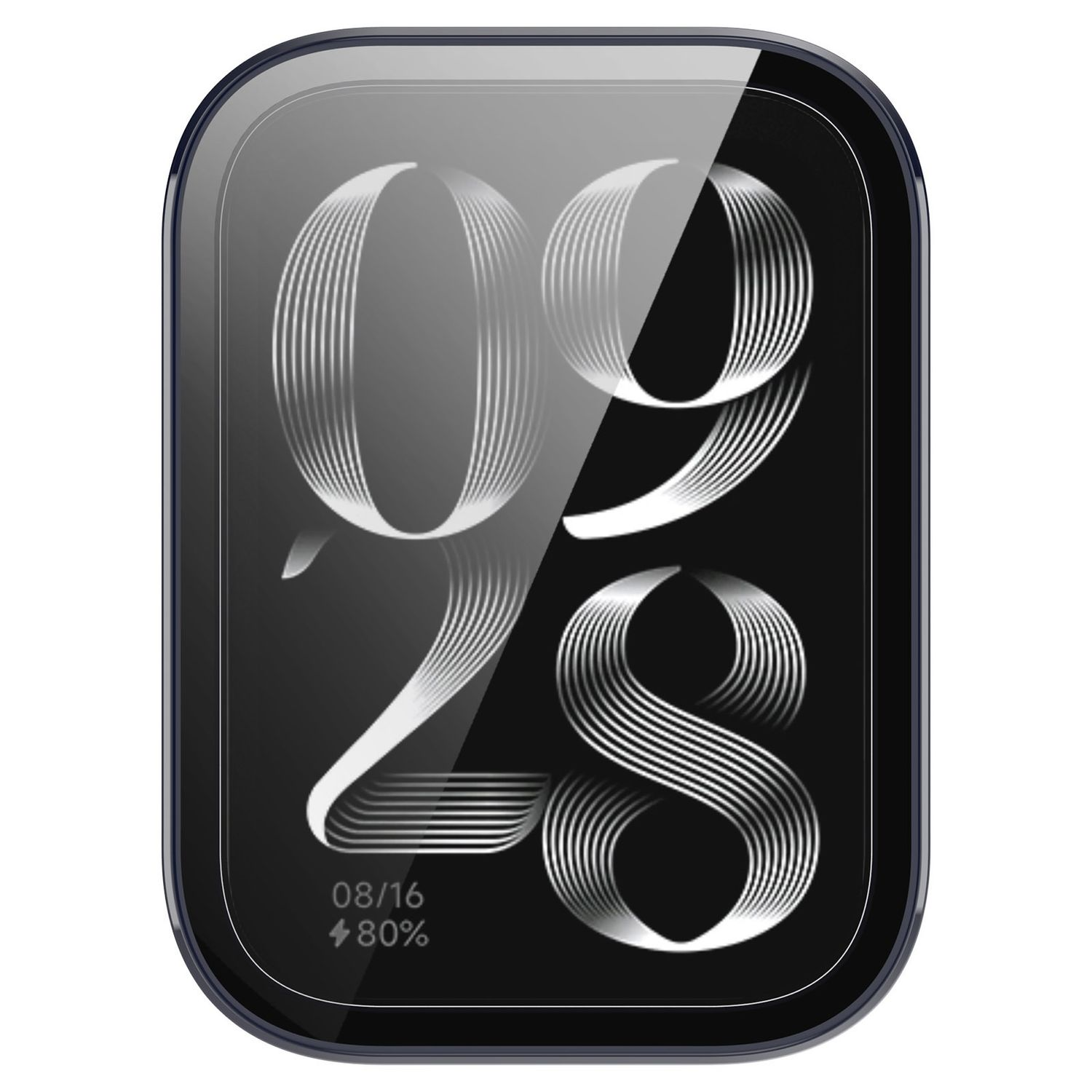 Smartwatch-Display mit den Zahlen 09, 28 und dem Datum 08/16, mit 80 % Akku. Dunkler, gebogener Rahmen.
