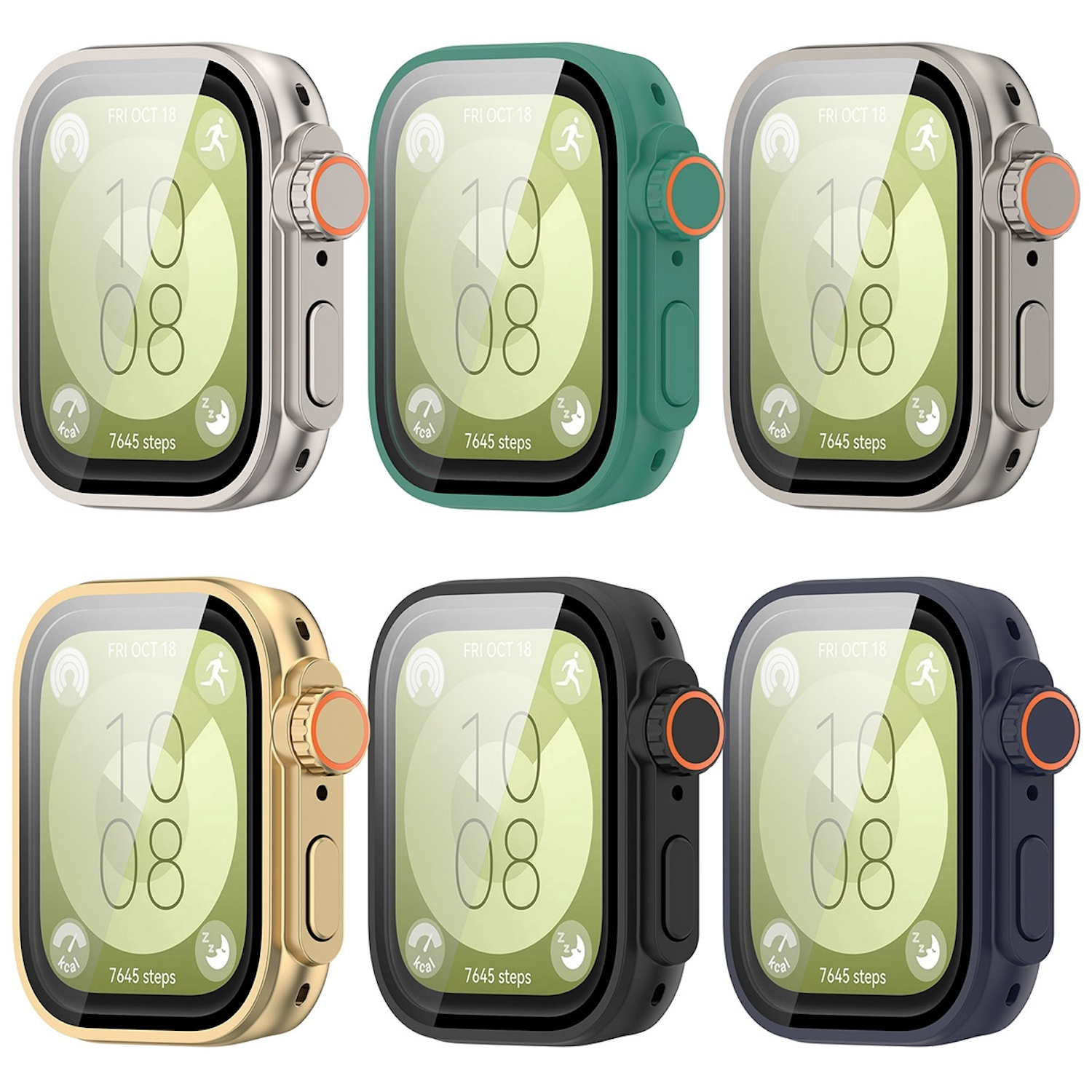 Sechs Smartwatches mit Hüllen. Verschiedene Farben: Silber, Grün, Gold, Schwarz, Blau.